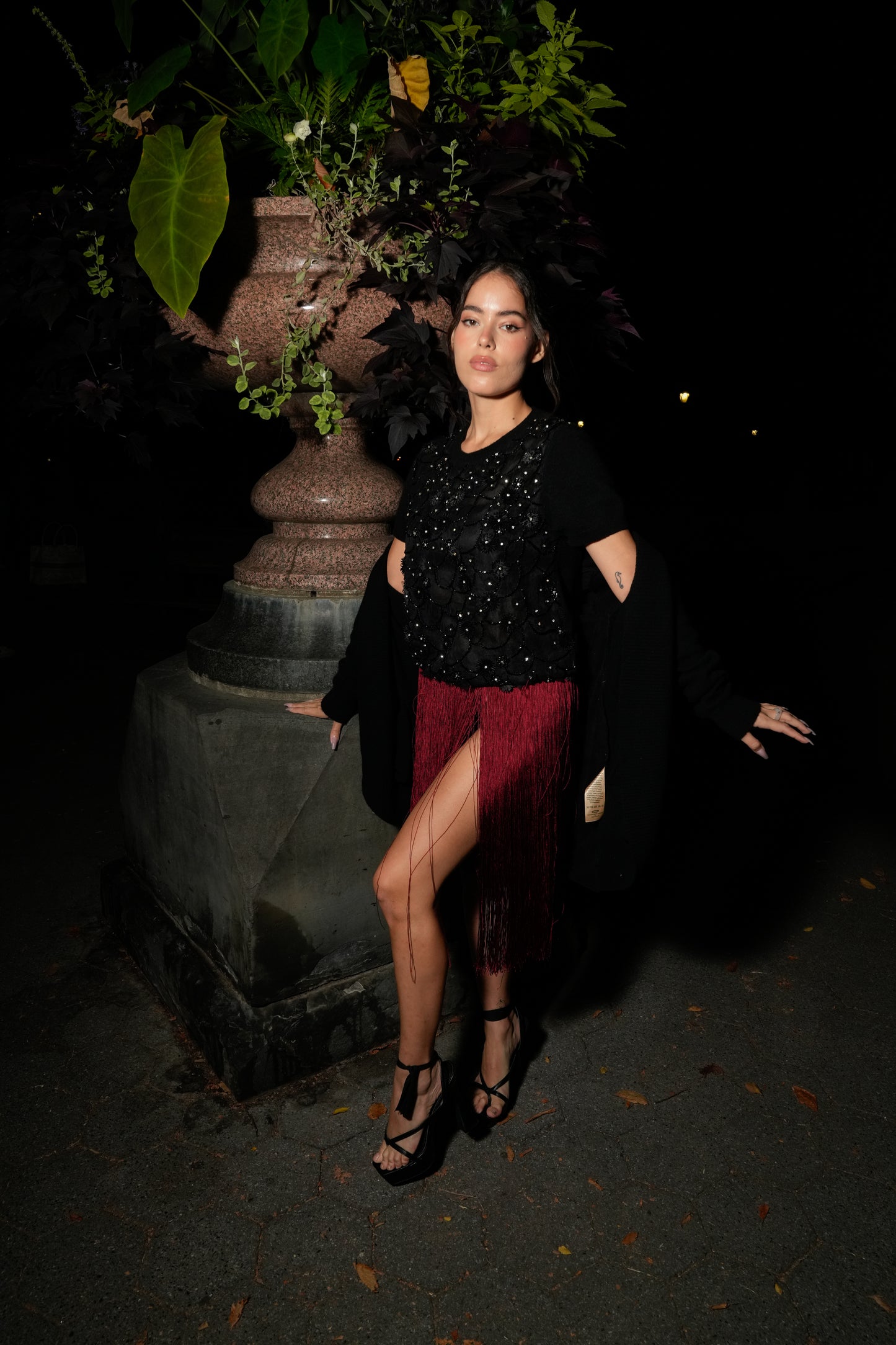 BURGUNDY SILK FRINGE SKIRT 3/4 LENGTH
