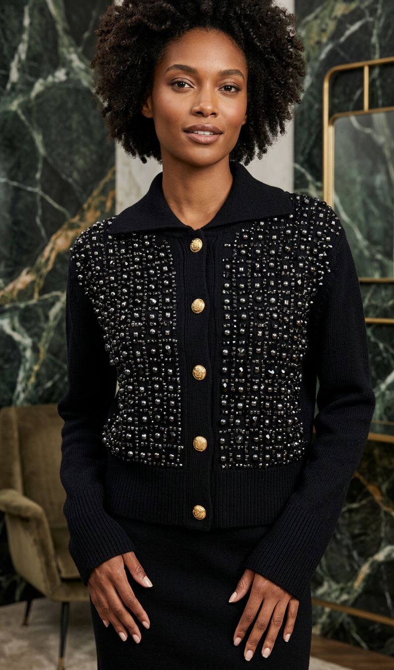 SMALL BLACK COLLARED SUMPTUOUS ORGANIC COTTON LONG SLEEVE CARDIGAN WITH INFINITE LINES OF CRYSTAL AND JET BLACK PEARLS ON BLACK BOUCLE FRONT PANELS WITH BLACK SILK LINING AND FIVE CRYSTALS IN GOLD BUTTONS