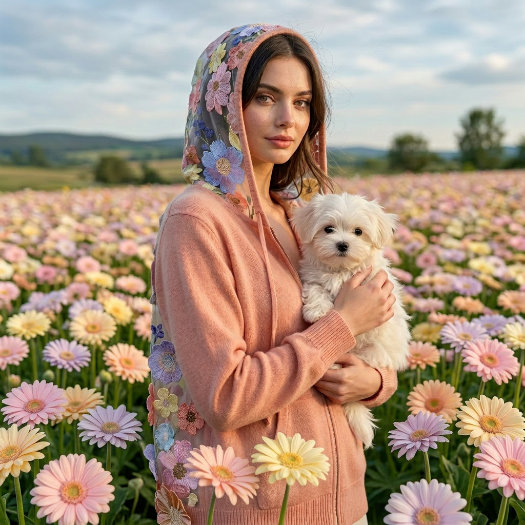 PINK CASHMERE HOODIE WITH BACK & HOOD EMBELLISHED WITH PINK/ CORAL/ YELLOW AND LAVENDER FLOWERS ON BABY BLUE TULLE (SIZE XL)