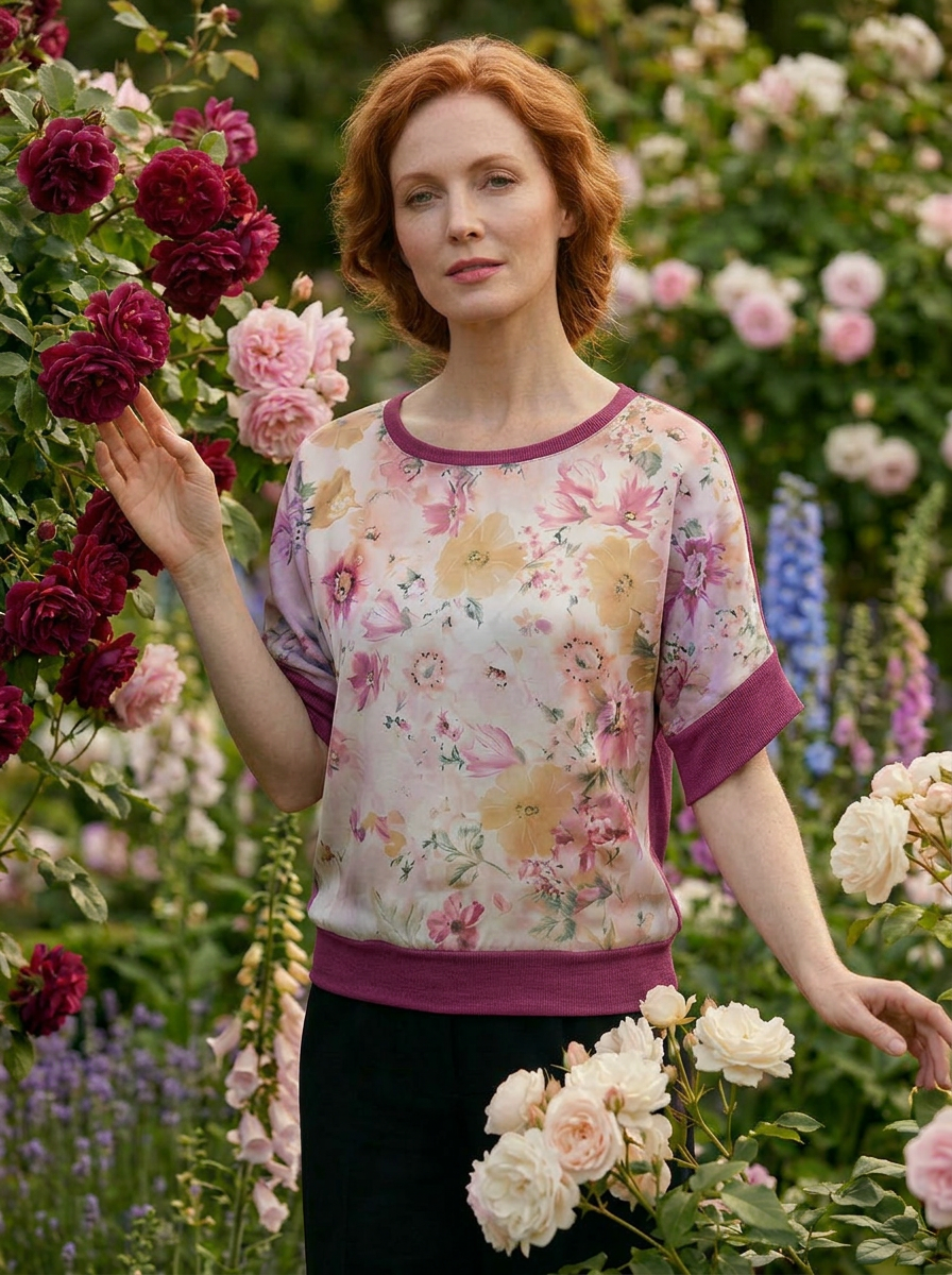 SMALL WILK BERRY OPEN NECK DOLMAN SLEEVE PULL OVER WITH FRONT PANEL CREATED FROM THE PRETTIEST PINK & YELLOW WILD FLOWERS VINTAGE SILK PRINT FROM MILICA’S GARDEN WITH SILK LINING