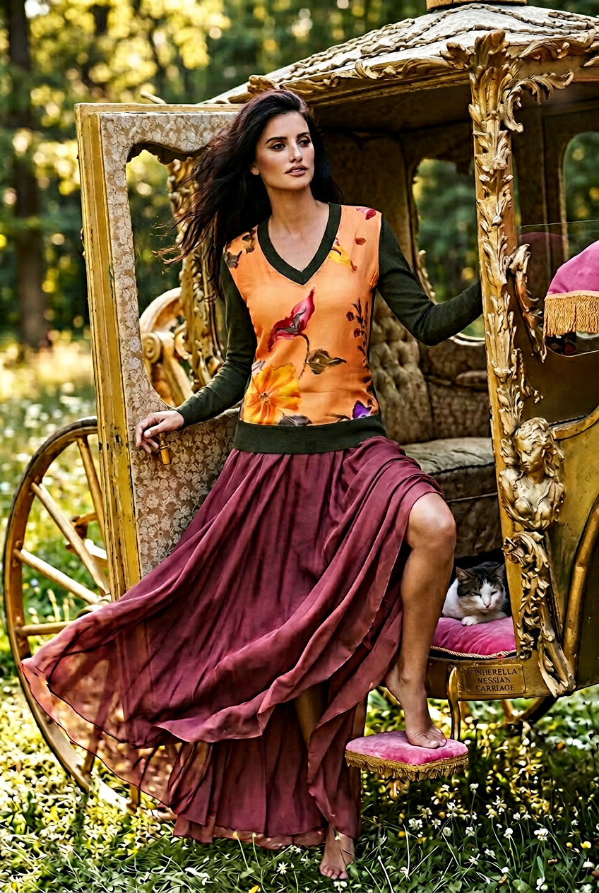 SMALL OLIVE V-NECK COTTON CASHMERE LONG SLEEVE PULLOVER WITH FRESH FUSCIA AND VIBRANT VIOLET FLOWERS FROM GOGUIN'S PERSIMMON, GARDEN ON THE SOFEST SILK FRONT PANEL WITH MANGO SILK CHIFFON LINING