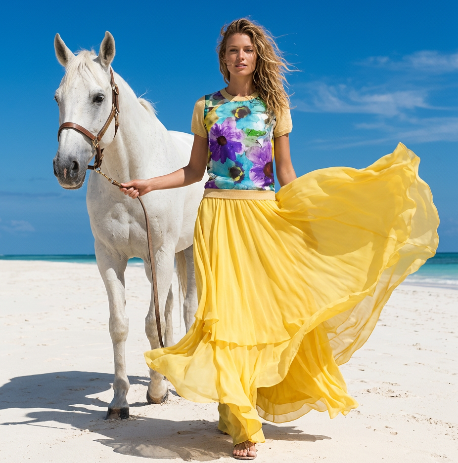 SMALL YELLOW 100% CASHMERE CREW NECK SHORT SLEEVE TEE WITH A FLORAL RAINBOW BOUQUET OF HELLO, YELLOW, BRILLIANT BLUE GORGEOUS GRAPE FLOWERS ON CLOUD DANCER SILK FRONT PANEL INSERT WITH ANGEL LIGHT SILK LINING