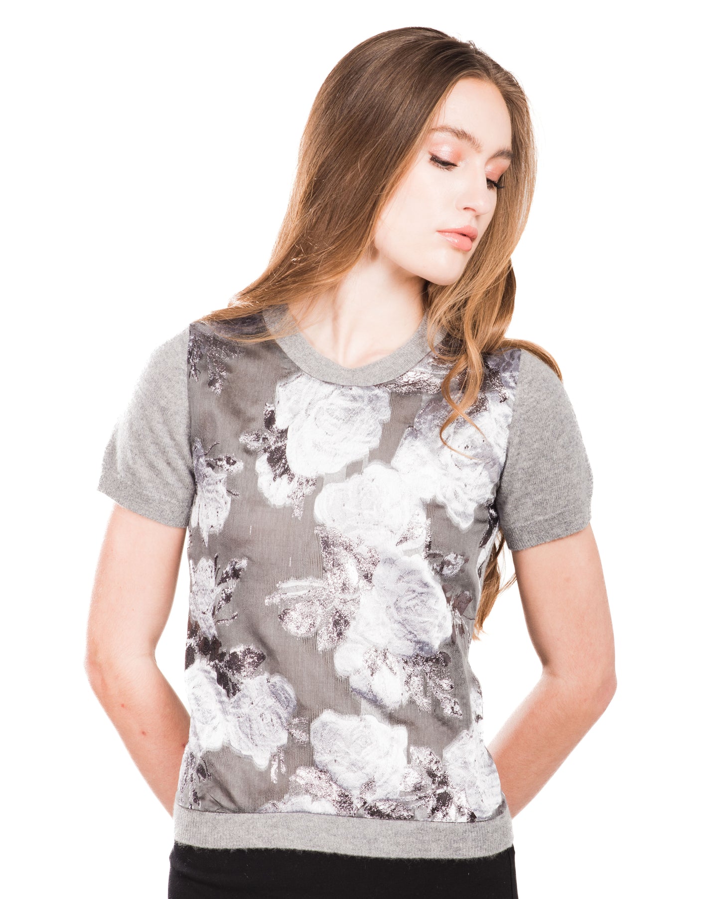 SMALL GREY SHORT SLEEVE CREW NECK CASHMERE SWEATER WITH FRONT OF SILVER ROSES AND BACK OF SILK ORGANZA