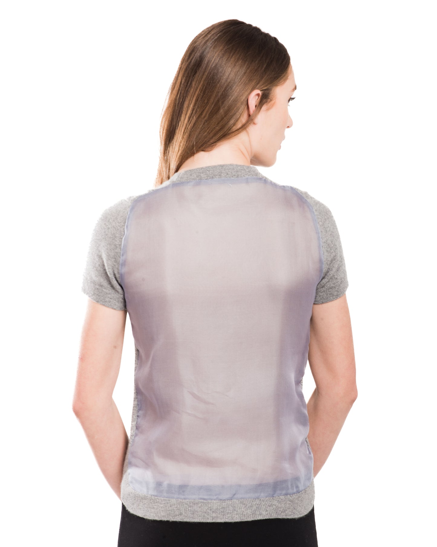 SMALL GREY SHORT SLEEVE CREW NECK CASHMERE SWEATER WITH FRONT OF SILVER ROSES AND BACK OF SILK ORGANZA