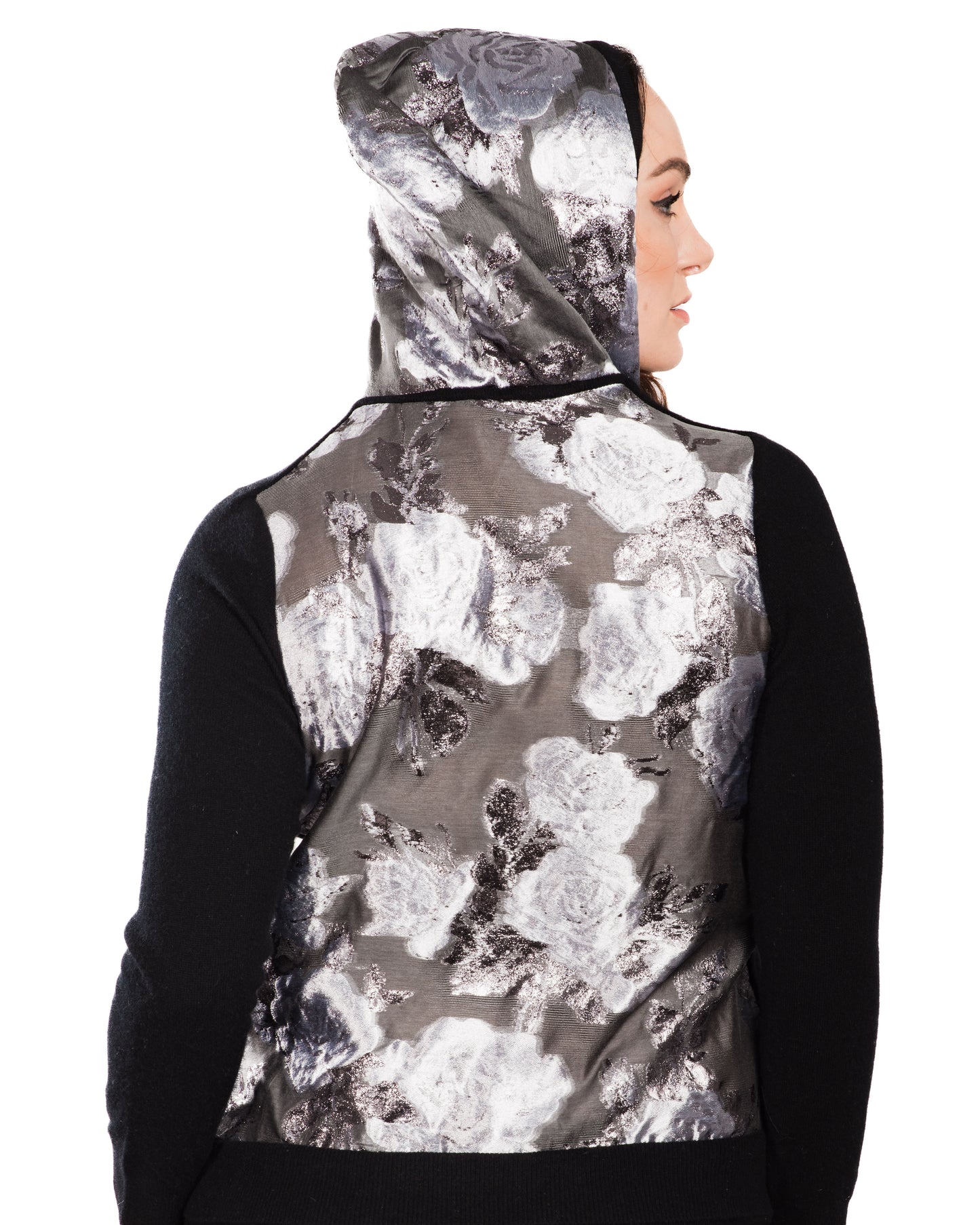 LARGE BLACK LONG SLEEVE CASHMERE HOODIE WITH BACK AND HOOD OF SILVER ROSES ON SLATE SILK ORGANZA
