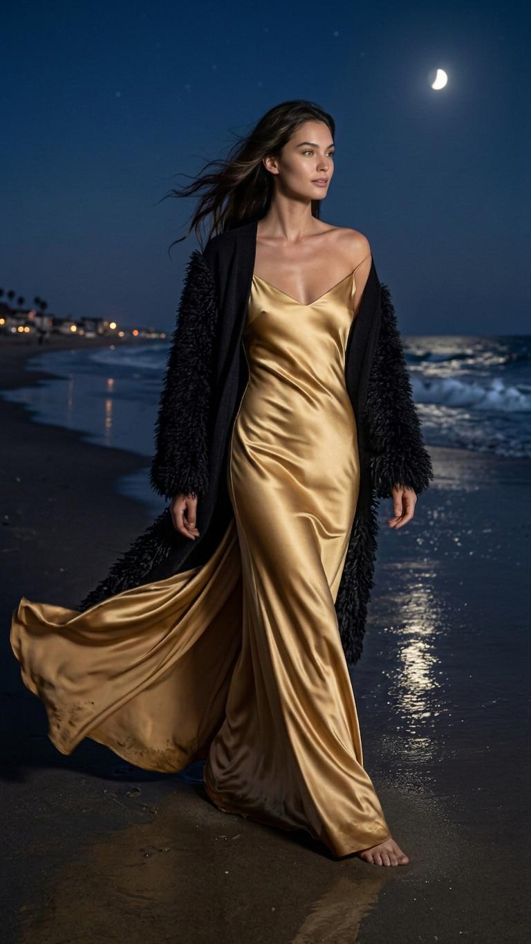 M BLACK CASHMERE ROBE WITH VEGAN TIBETEN FUR SLEEVES WITH SILK LINING