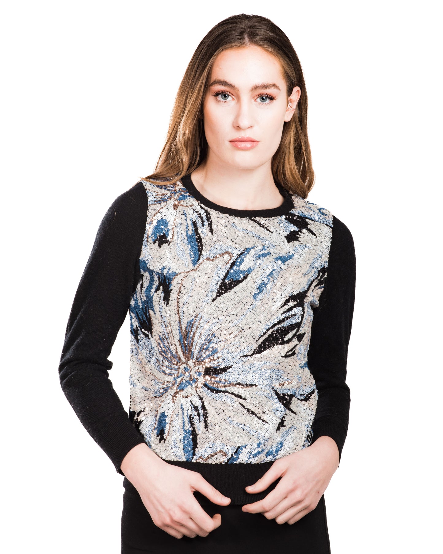 SMALL BLACK LONG SLEEVE CREW NECK CASHMERE SWEATER WITH FRONT OF NAVY AND WHITE SEQUIN CAMO