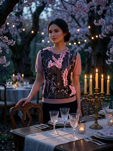 S VINTAGE PINK CASHMERE TEE WITH FRONT PANEL INSERT OF PRETTY PINK CHERRY BLOSSOMS, BLOOMING IN BLACK TULLE SKY LINED WITH BLACK CHIFFON