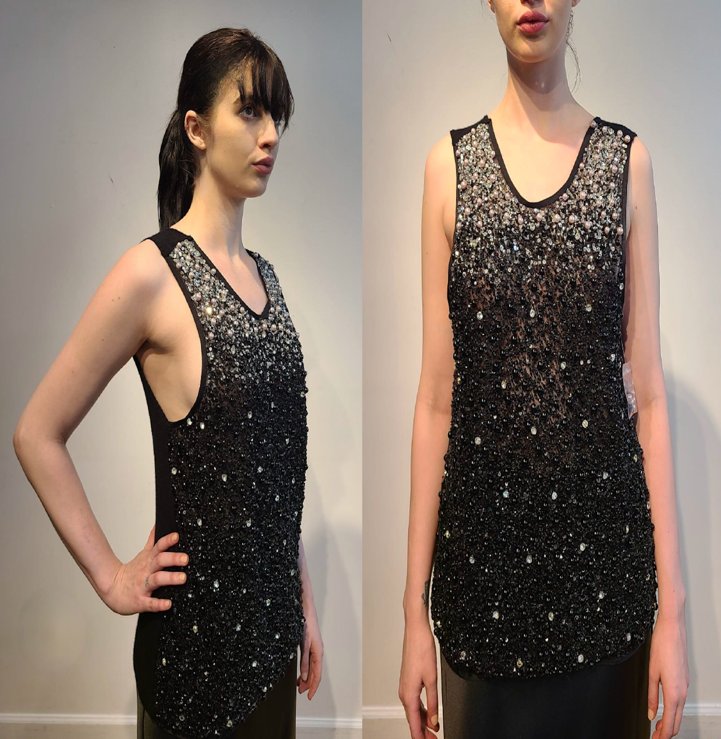 BLACK CASHMERE TANK WITH FRONT EMBELLISHED BLACK & PLATINUM PEARL BEADS & CRYSTALS ON BLACK TULLE & LINED WITH BLACK TULLE(SIZE XL)