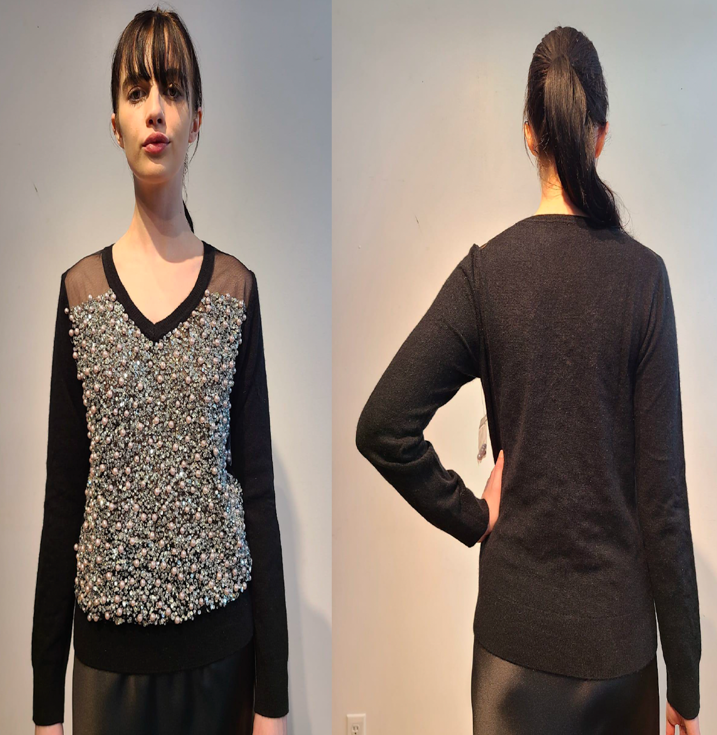 BLACK CASHMERE V NECK WITH FRONT EMBELLISHED BLACK & PLATINUM PEARL BEADS & CRYSTALS ON BLACK TULLE & LINED WITH BLACK TULLE (SIZE M)