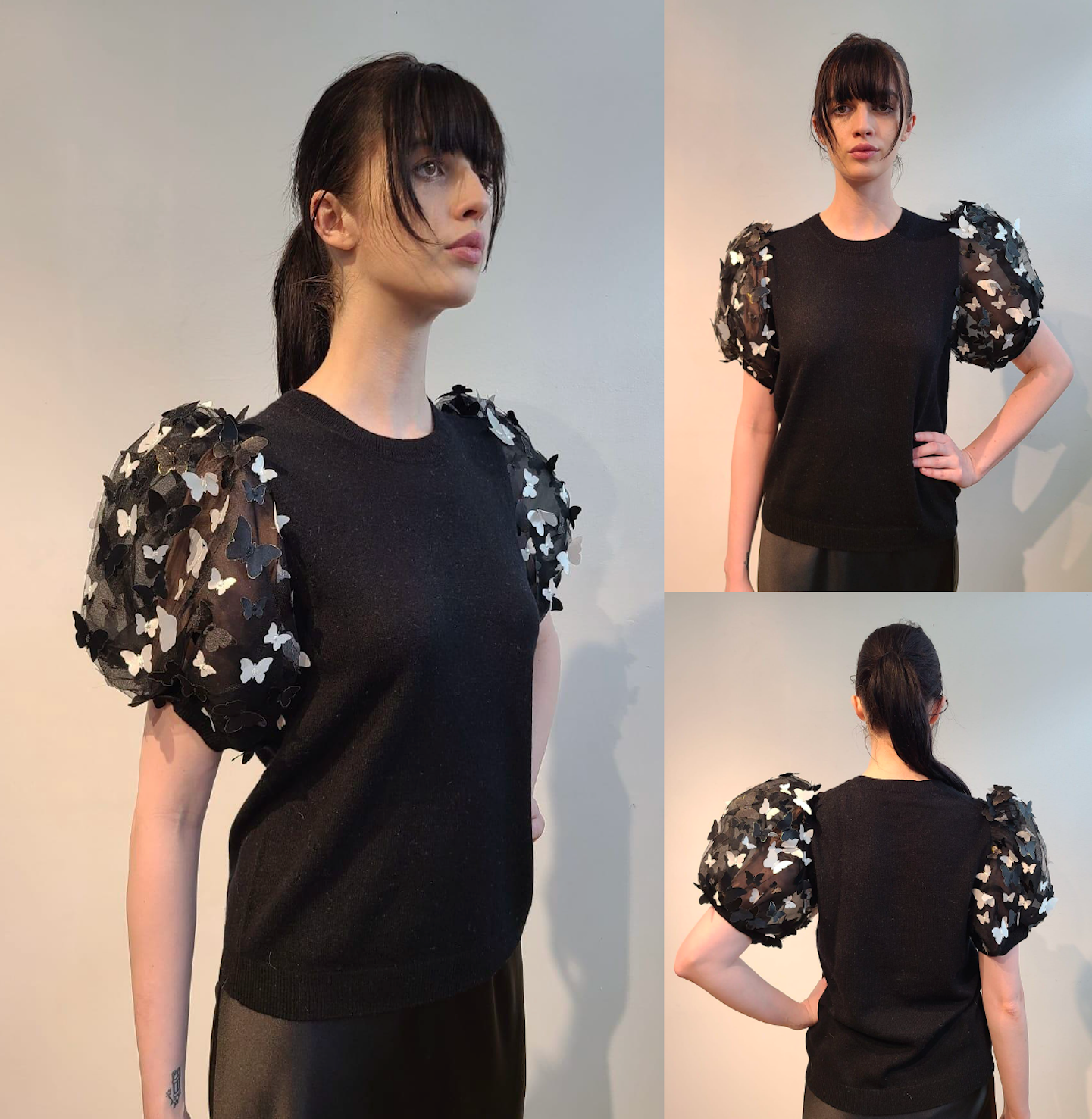 BLACK CASHMERE T SHIRT WITH VOLUMINOUS SHORT PUFF SLEEVE EMBELLISHED OF BLACK & WHITE 3D BUTTERFLIES WITH GOLD TRIM FLYING FREE (SIZE L)
