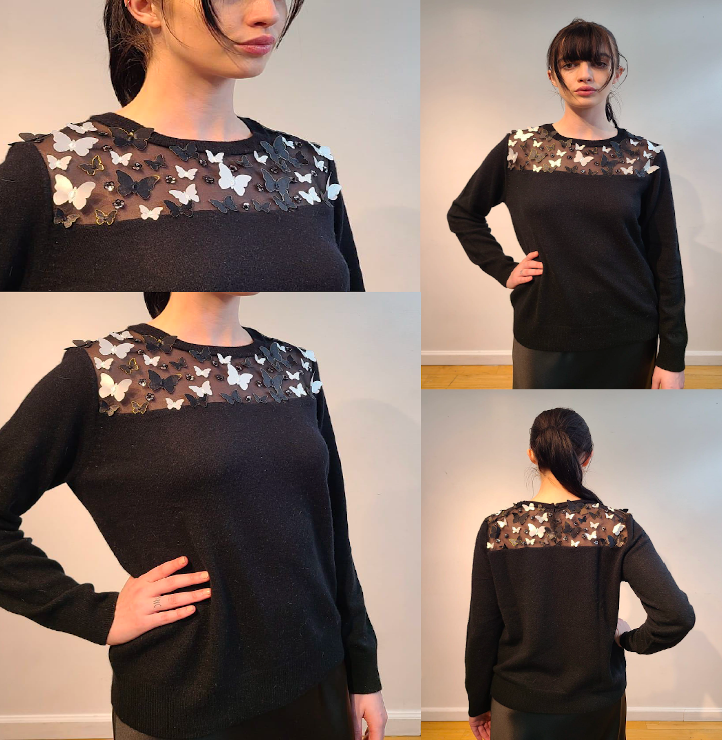 BLACK CASHMERE CREW NECK WITH PEEKABOO EMBELLISHED FRONT & BACK OF RAINING CRYSTALS & BLACK & WHITE 3D BUTTERFLIES WITH GOLD TRIM FLYING FREE (SIZE L)