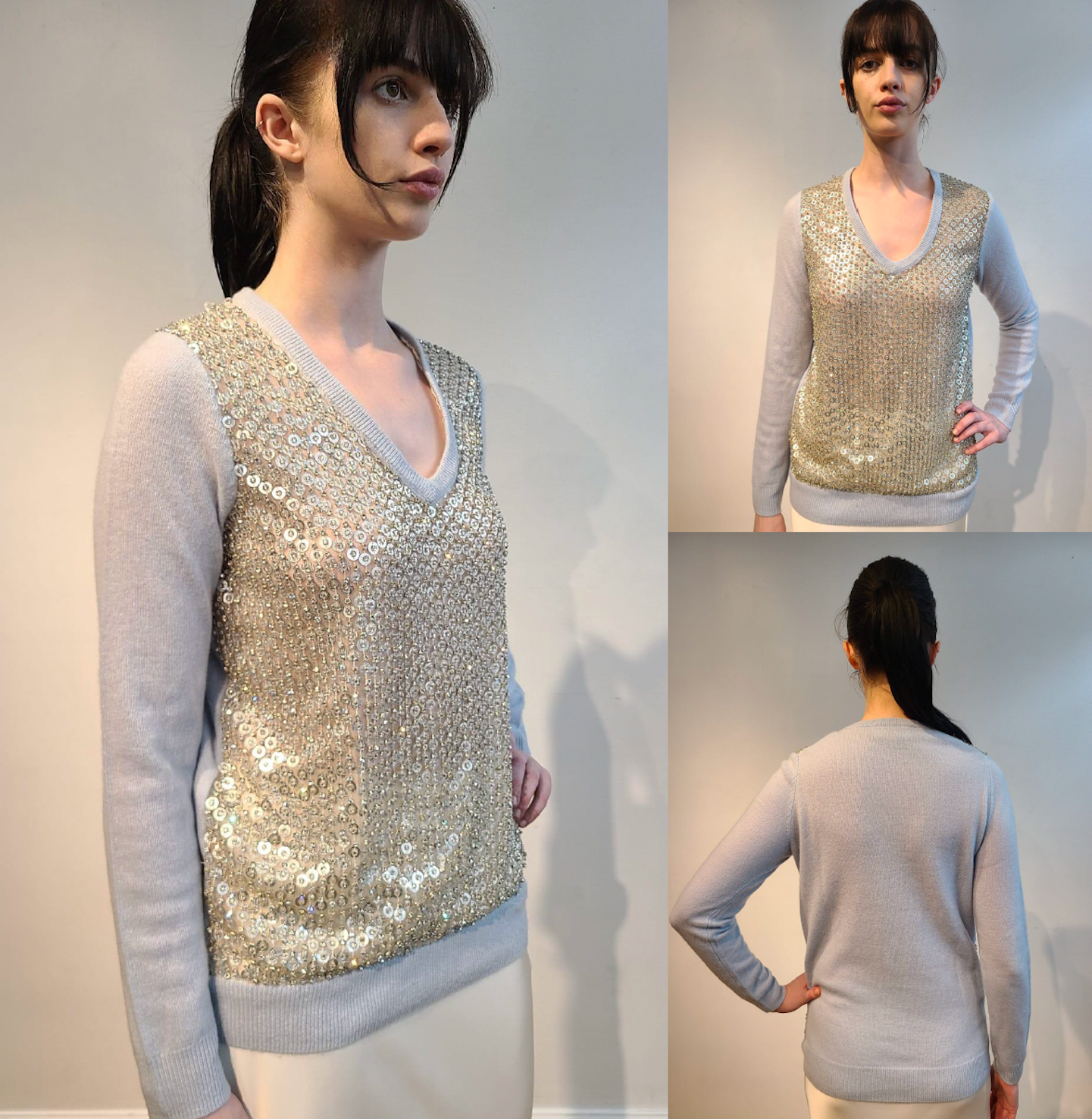 BABY BLUE CASHMERE V NECK LONG SLEEVE WITH FRONT EMBELLISHED FUTURISTIC SILVER DISCS & CRYSTAL BEADS ON DOVE GRAY TULLE (SIZE M)