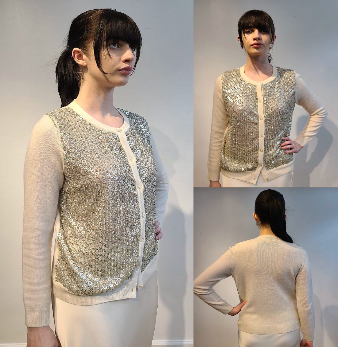 WHITE CASHMERE LONG SLEEVE BUTTON FRONT CARDIGAN WITH FRONT EMBELLISHED FUTURISTIC SILVER DISCS & CRYSTAL BEADS ON DOVE GRAY TULLE(SIZE S)