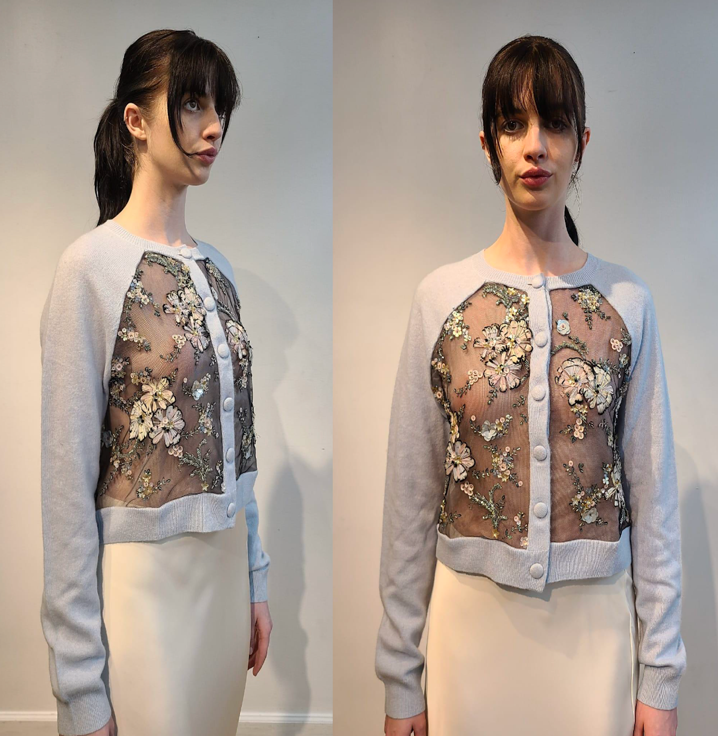 BABY BLUE CASHMERE CROP CARDIGAN WITH FRONT & BACK EMBELLISHED PASTEL FEATHER FLOWERS WITH ANTIQUE BEADING ON BLACK TULLE (SIZE M)