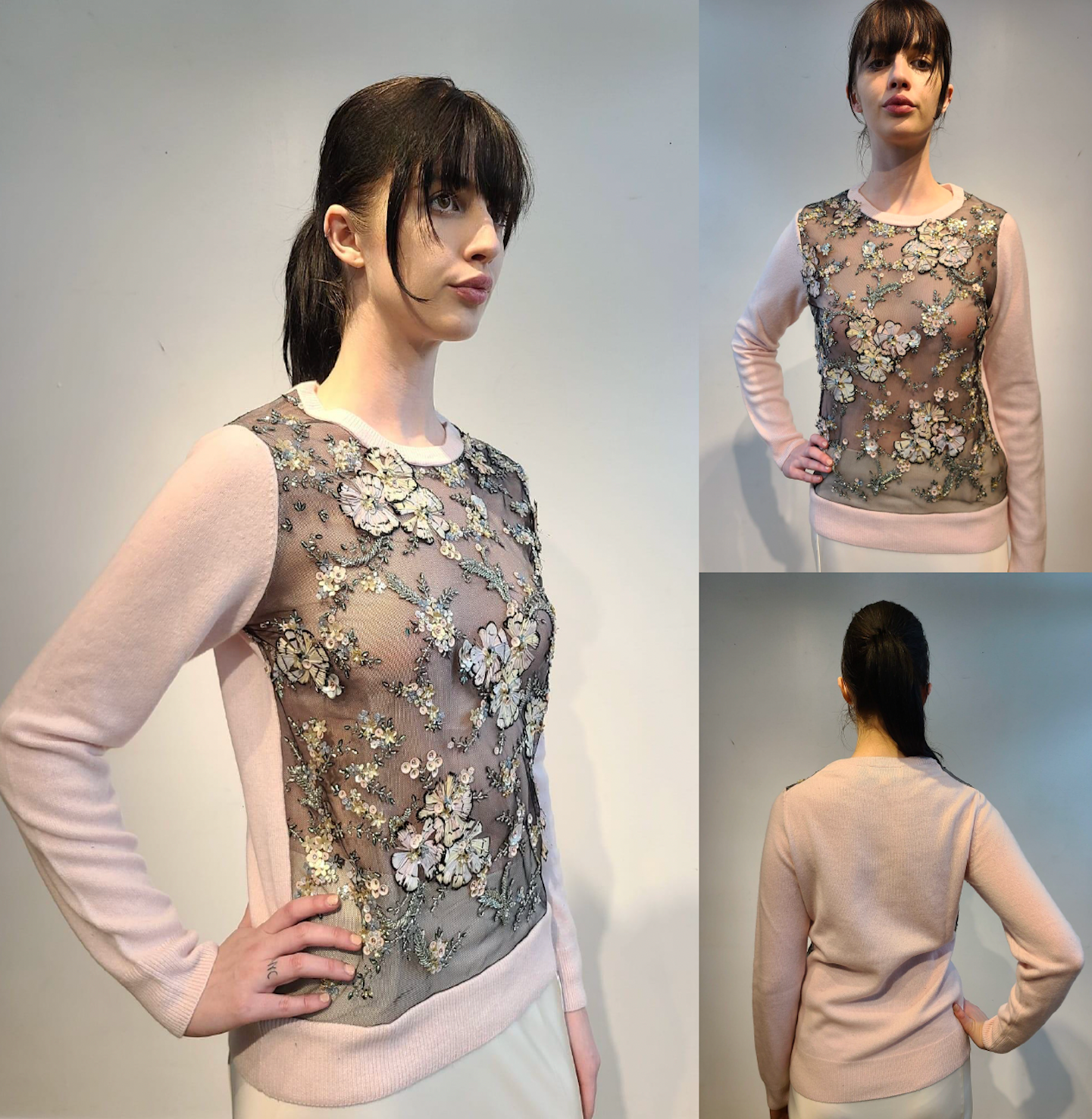 PINK CASHMERE CREW NECK WITH FRONT PASTEL FEATHER FLOWERS WITH ANTIQUE 3D BEADING EMBELLISHED ON BLACK TULLE & LINED (SIZE M)
