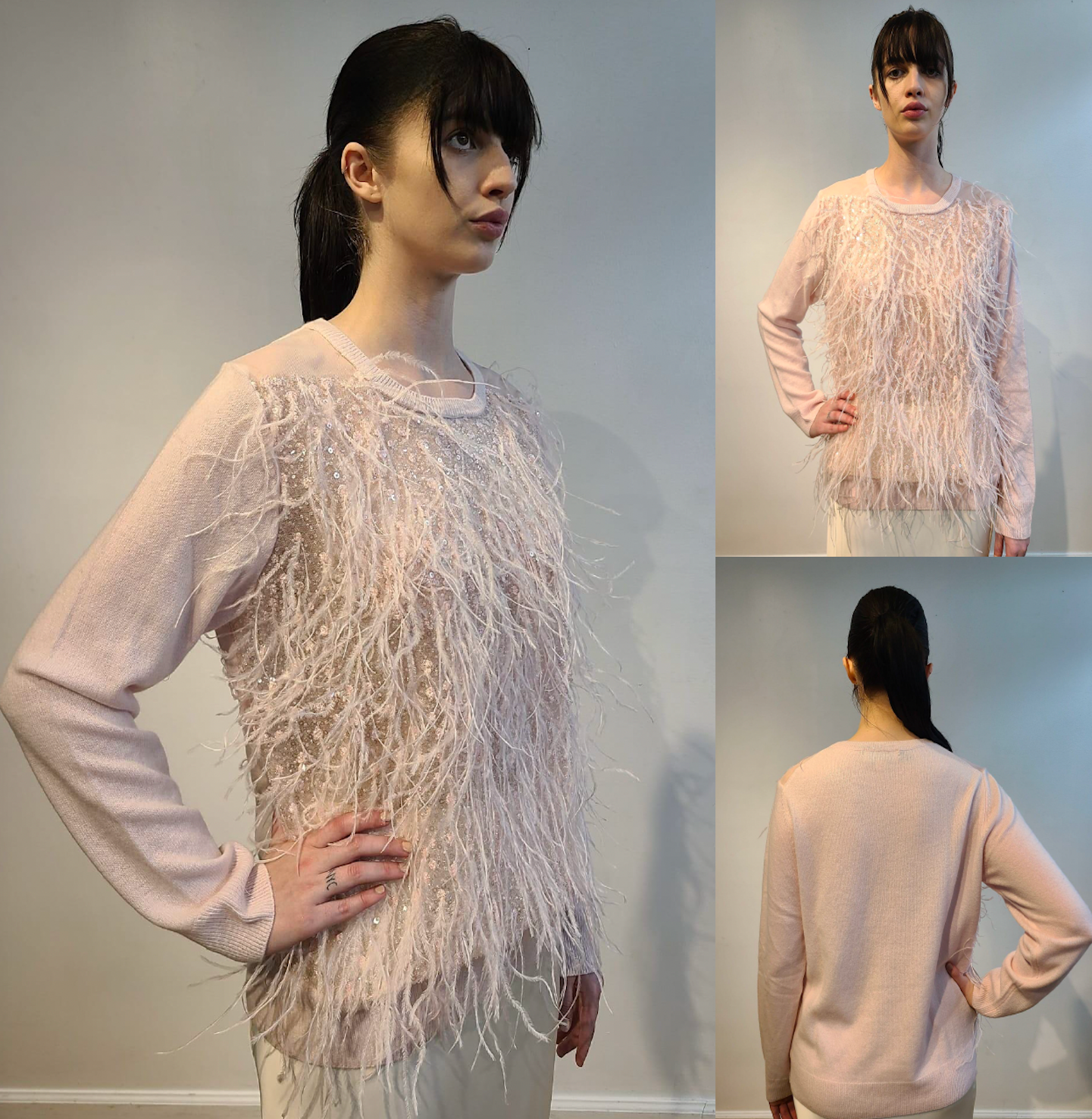 PINK CASHMERE CREW NECK LONG SLEEVE WITH FRONT EMBELLISHED PINK OPALESCENT SEQUINS & FEATHERS FLYING ON PINK TULLE(SIZE L)
