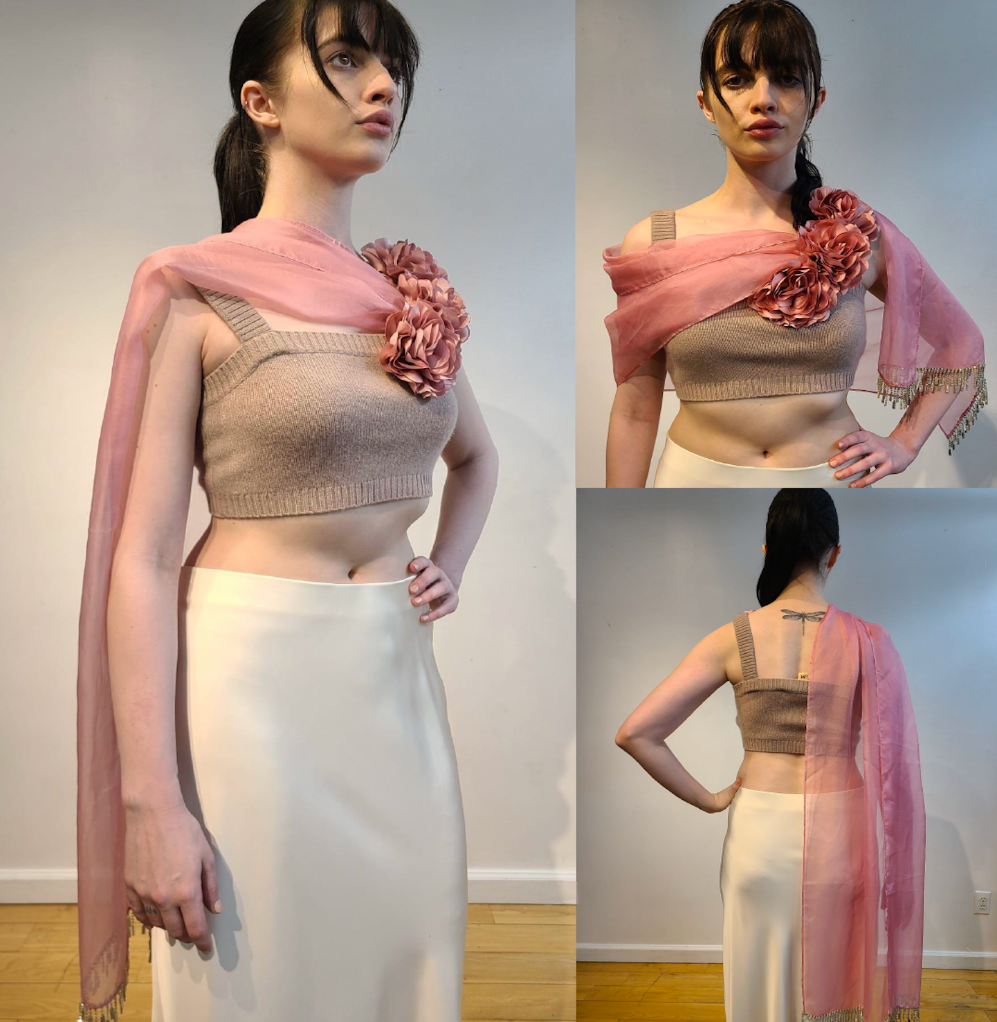 NUDE CASHMERE V NECK CROP TOP WITH SILK CHIFFON HI LO CAPE WITH 3D FEATHER FLOWERS & CRYSTAL BEADED FRINGE(SIZE M)