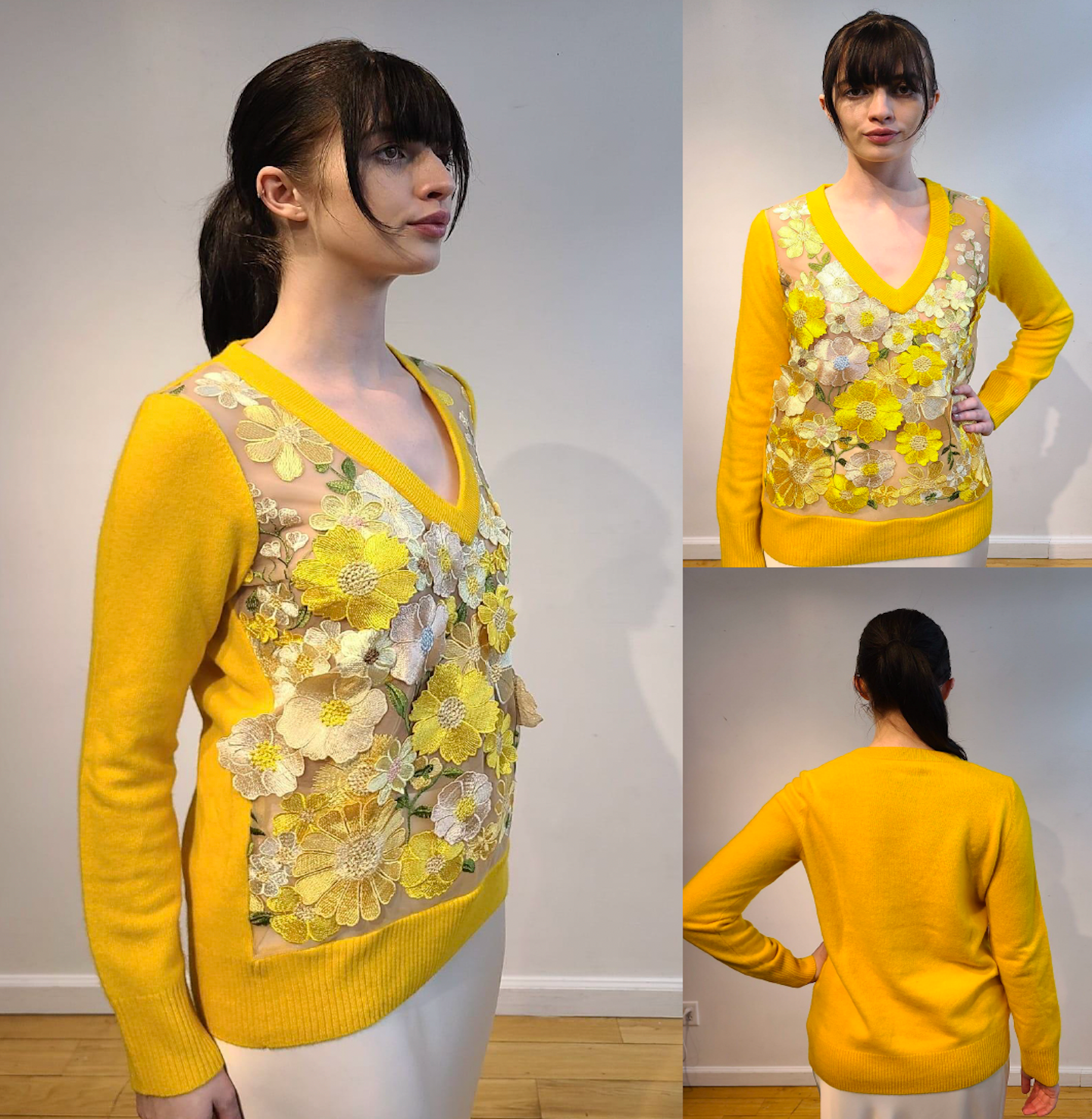 YELLOW CASHMERE LONG SLEEVE V NECK WITH FRONT BUTTERCUP YELLOW, PALE PINK AND CREAM FLOWERS WITH GREEN VINES EMBELLISHED ON NUDE TULLE (SIZE L)