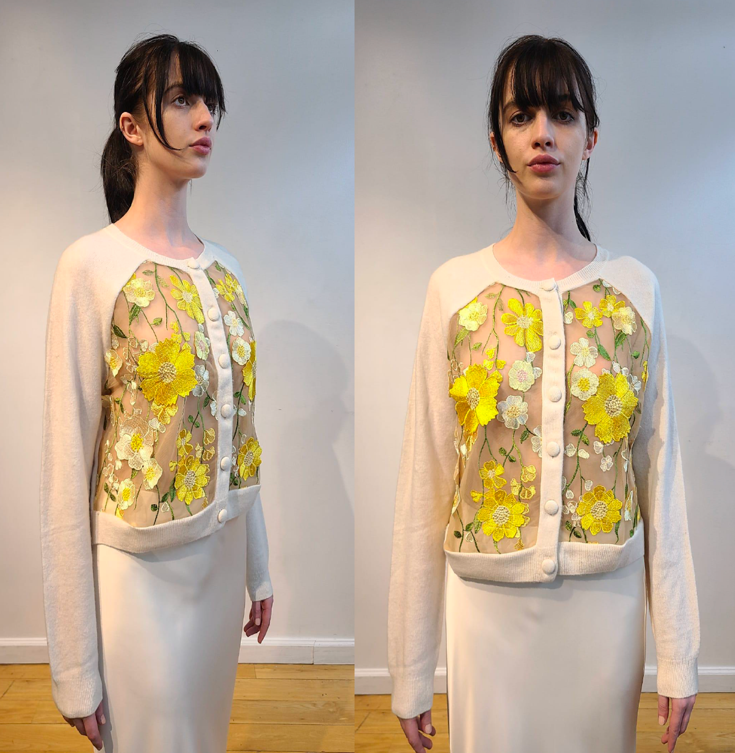 IVORY CASHMERE CROPPED CARDIGAN WITH FRONT BUTTERCUP YELLOW, PALE PINK AND CREAM FLOWERS WITH GORGEOUS GREEN VINES EMBELLISHED ON NUDE TULLE (SIZE L)