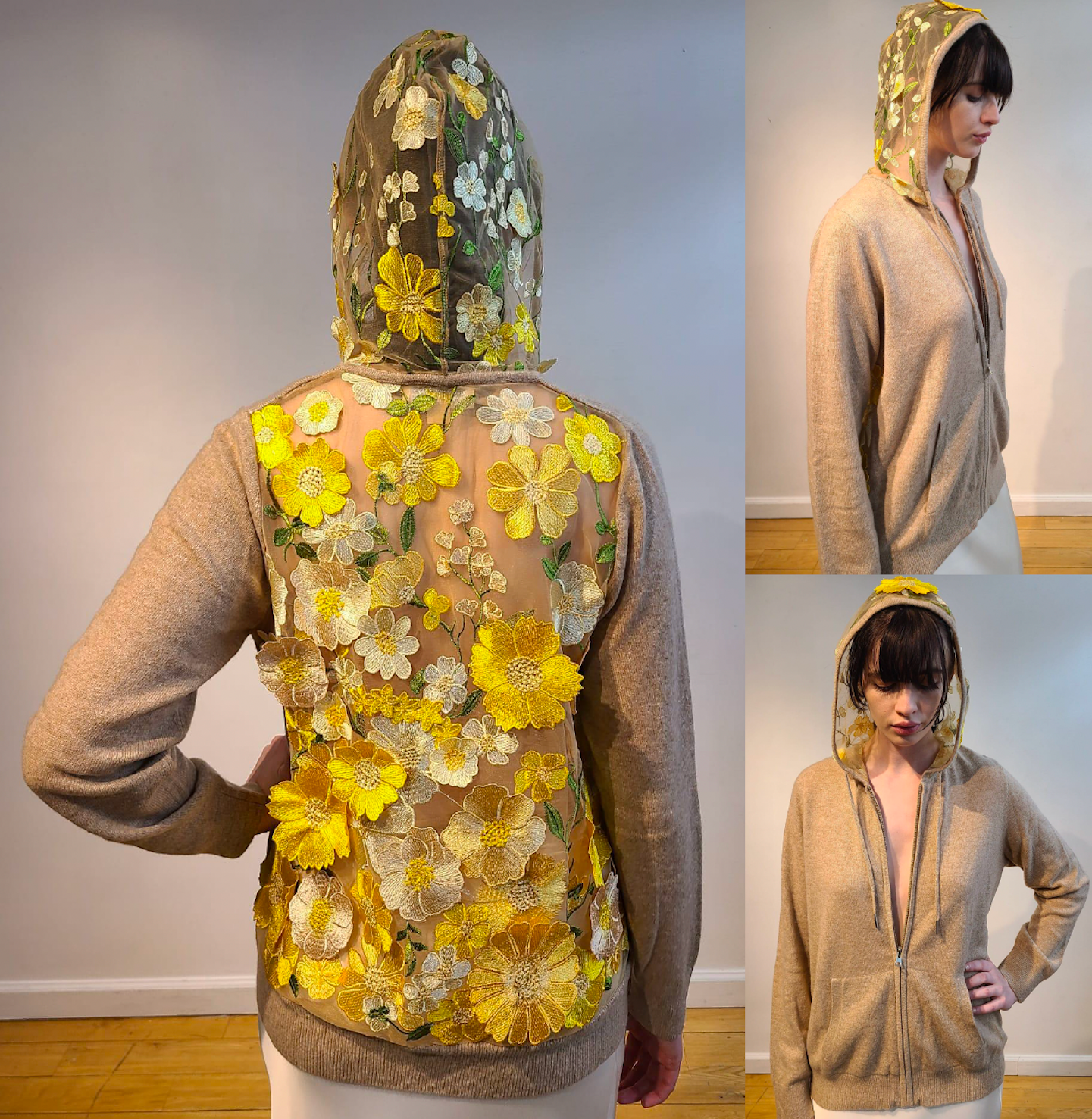 OATMEAL CASHMERE HOODIE WITH BACK HOOD WITH BUTTERCUP YELLOW, PALE PINK AND CREAM FLOWERS WITH GORGEOUS GREEN VINES EMBELLISHED ON NUDE TULLE (SIZE M)
