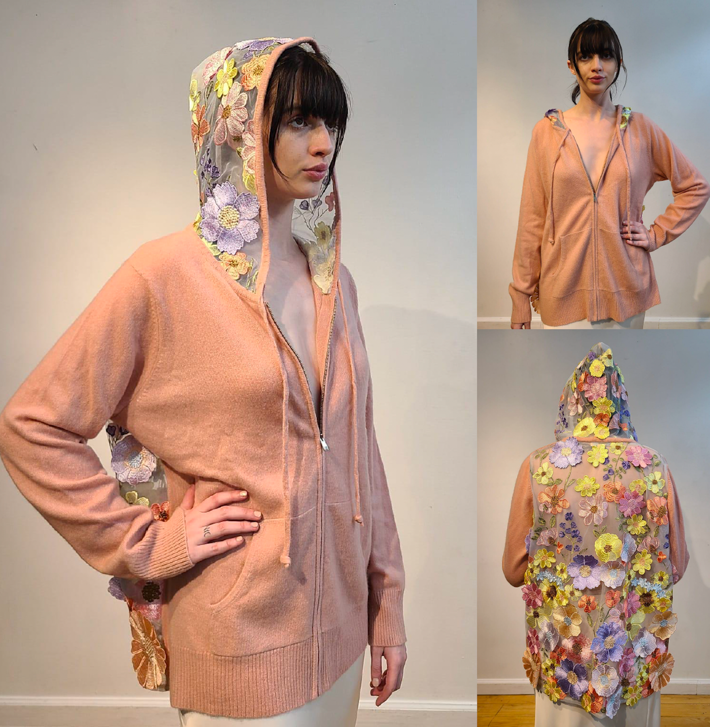 PINK CASHMERE HOODIE WITH BACK & HOOD EMBELLISHED WITH PINK/ CORAL/ YELLOW AND LAVENDER FLOWERS ON BABY BLUE TULLE (SIZE XL)