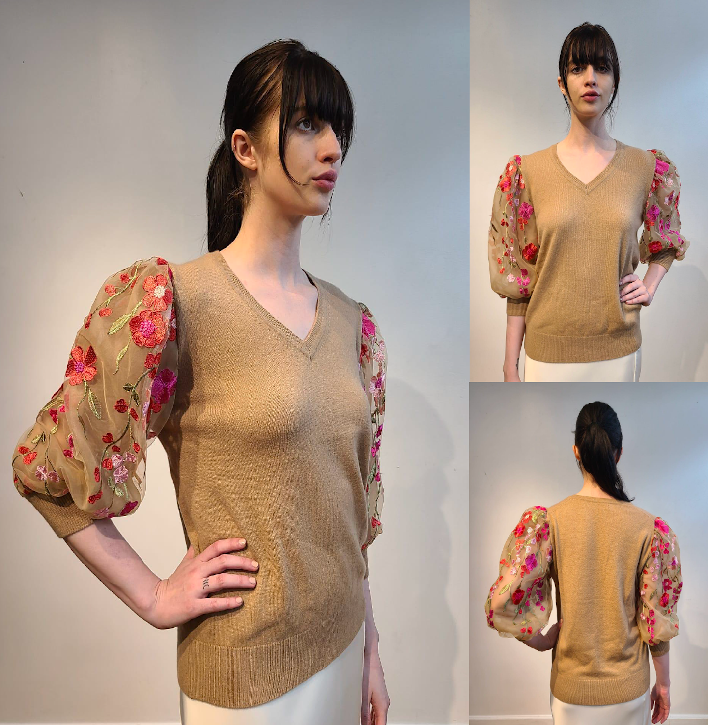 NUDE CASHMERE V NECK WITH PUFF SLEEVE EMBELLISHED BARBIE PINK, PEONIES PINK & RED HOT FLOWERS WITH GORGEOUS GREEN VINES ON NUDE TULLE (SIZE M)