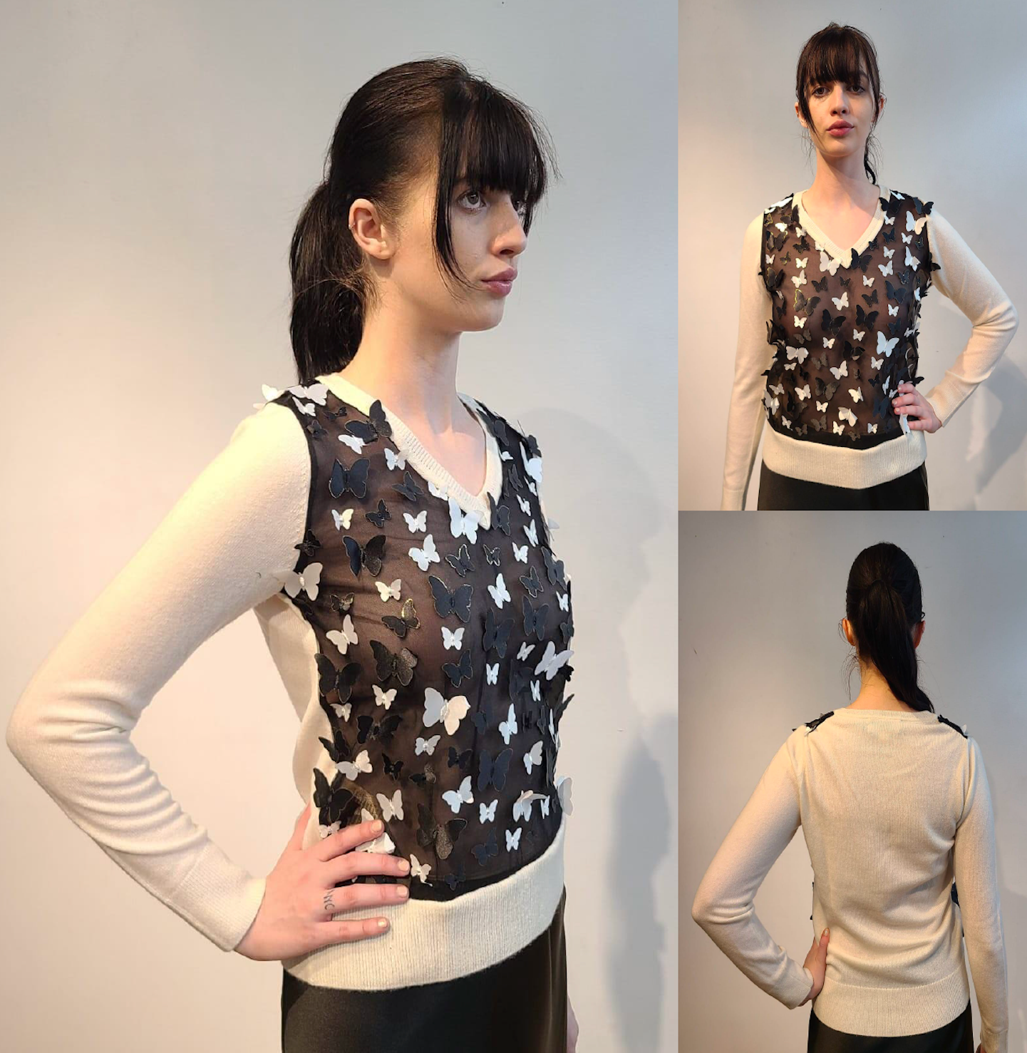 IVORY CASHMERE V NECK LONG SLEEVE WITH EMBELLISHED FRONT OF BLACK AND WHITE 3D BUTTERFLIES WITH GOLD TRIM FLYING FREE ON BLACK TULLE (SIZE S)