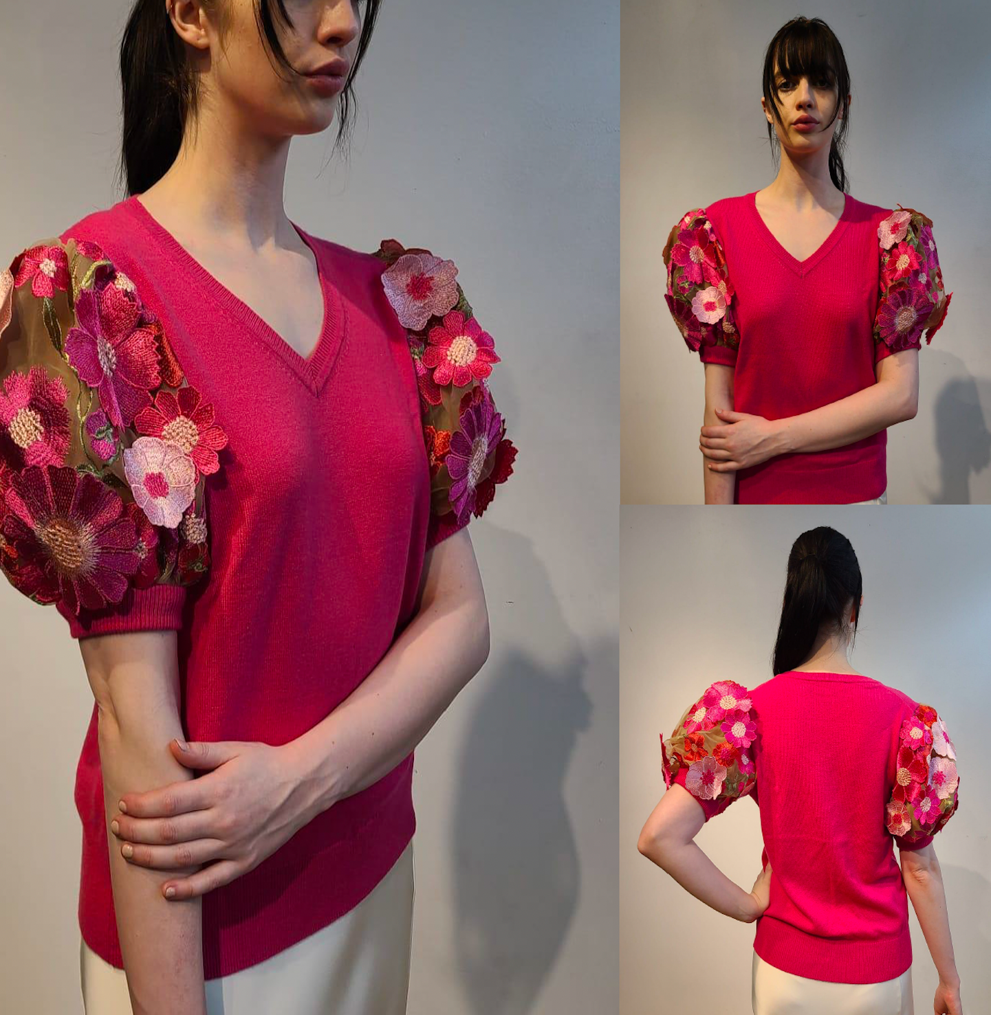 PINK CASHMERE V NECK WITH FRONT EMBELLISHED BARBIE PINK, PEONIES PINK & RED HOT FLOWERS WITH GORGEOUS GREEN VINES ON NUDE TULLE (SIZE M)