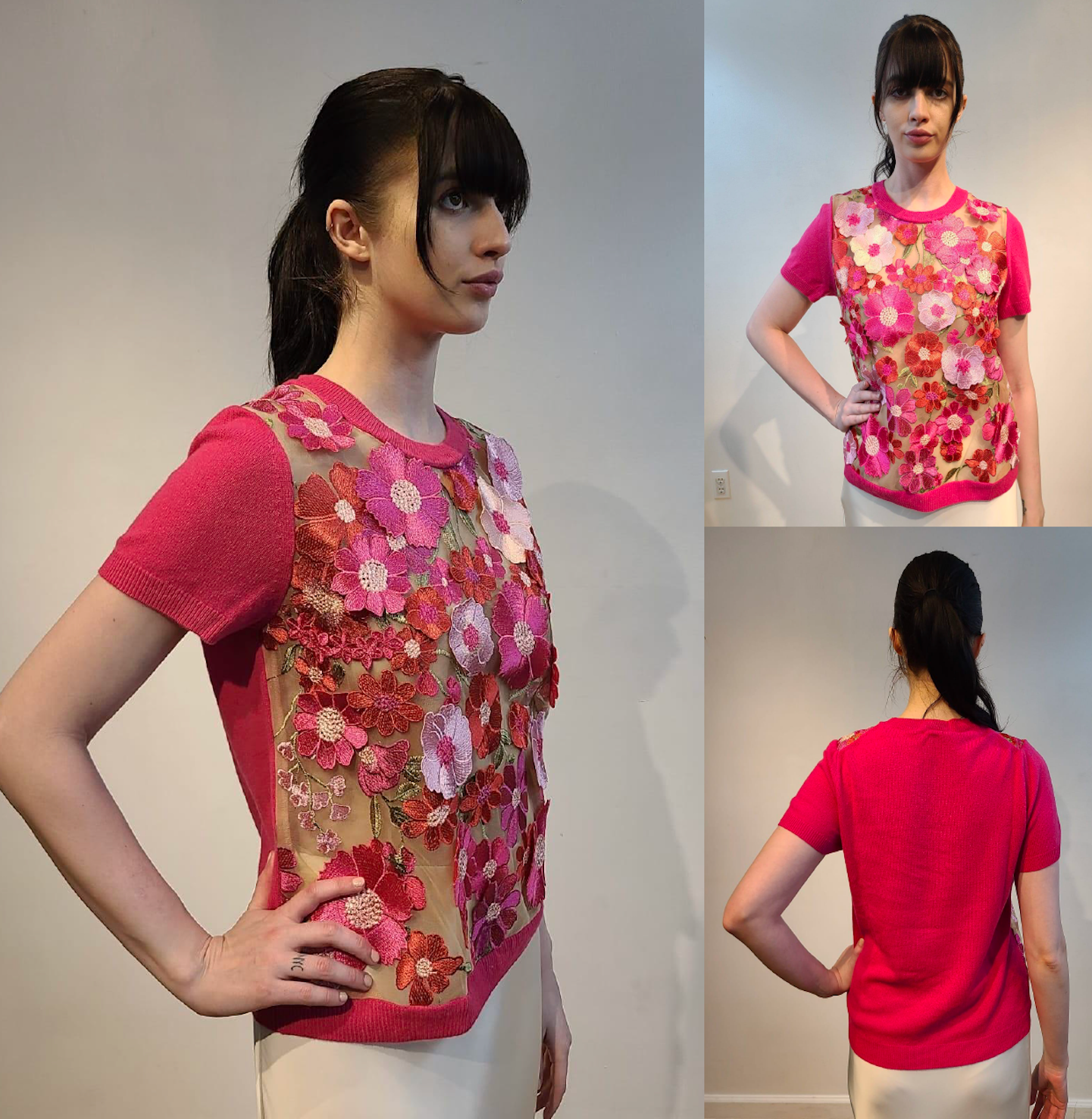 PINK CASHMERE T SHIRT WITH FRONT EMBELLISHED BARBIE PINK, PEONIES PINK & RED HOT FLOWERS WITH GORGEOUS GREEN VINES ON NUDE TULLE (SIZE L)