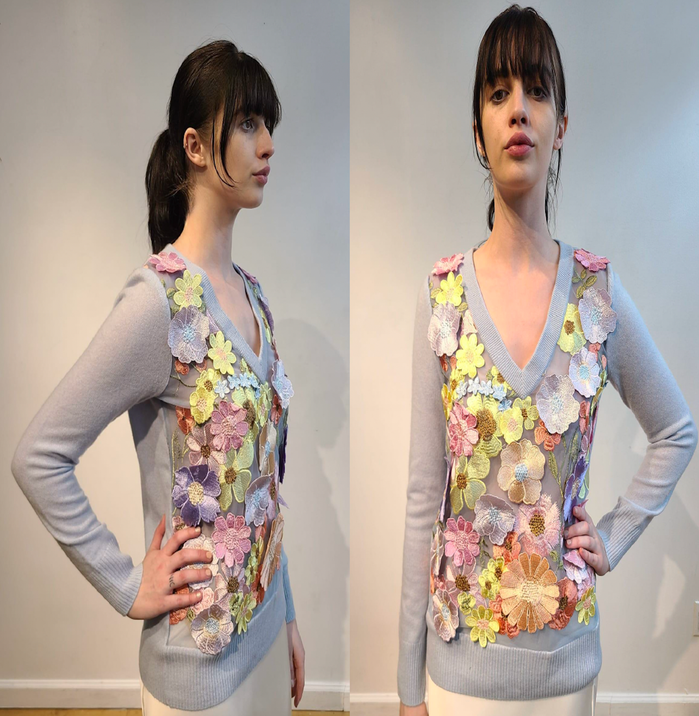 BABY BLUE CASHMERE V NECK LONG SLEEVE WITH FRONT EMBELLISHED WITH PINK/ CORAL/ YELLOW AND LAVENDER FLOWERS ON BABY BLUE TULLE (SIZE S)