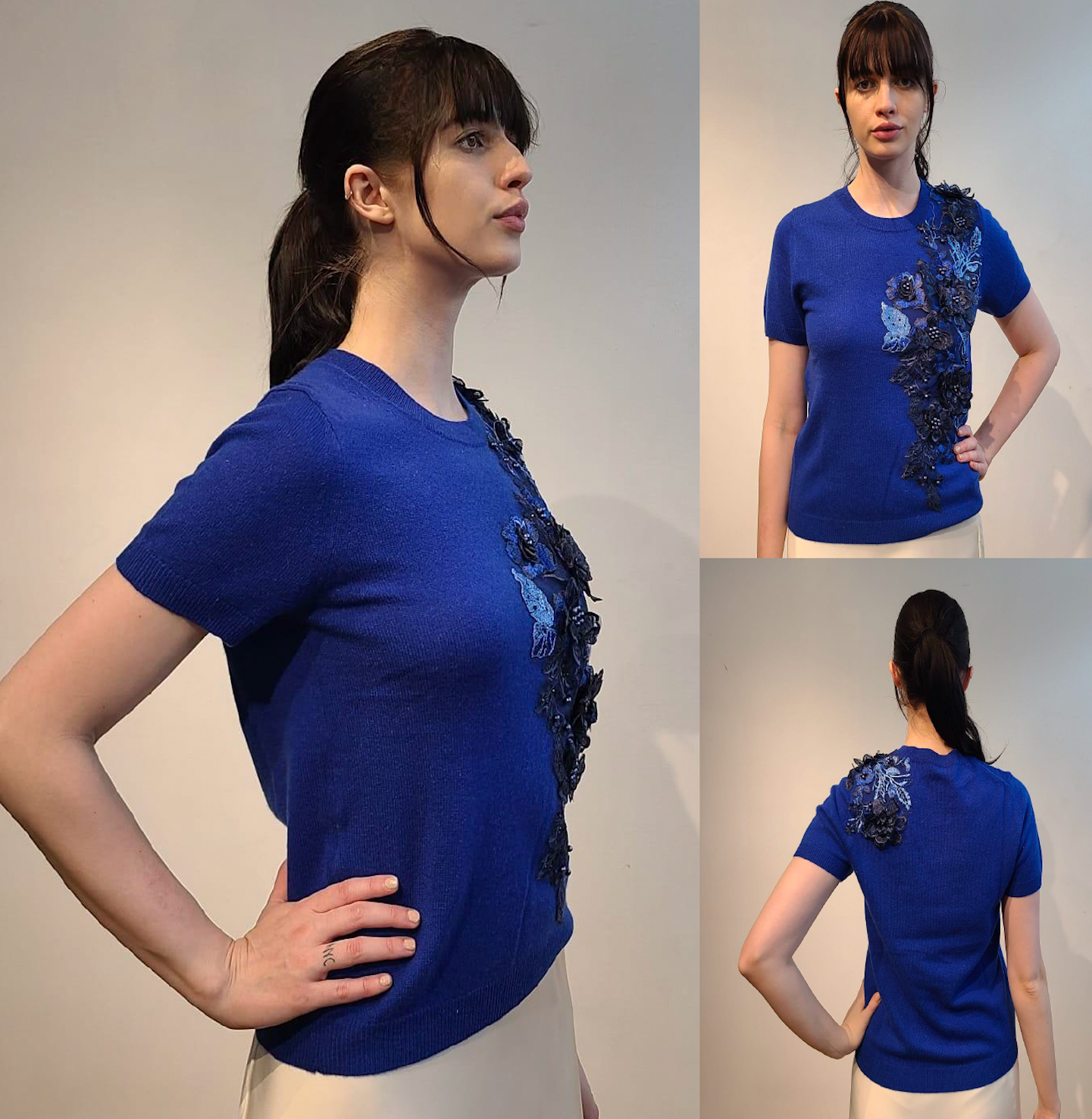 CERULEAN BLUE CASHMERE V NECK WITH FRONT NAVY, CARDINAL & BABY BLUE 3D FLOWERS & BEADING EMBELLISHED ON NAVY ORGANZA (SIZE M)