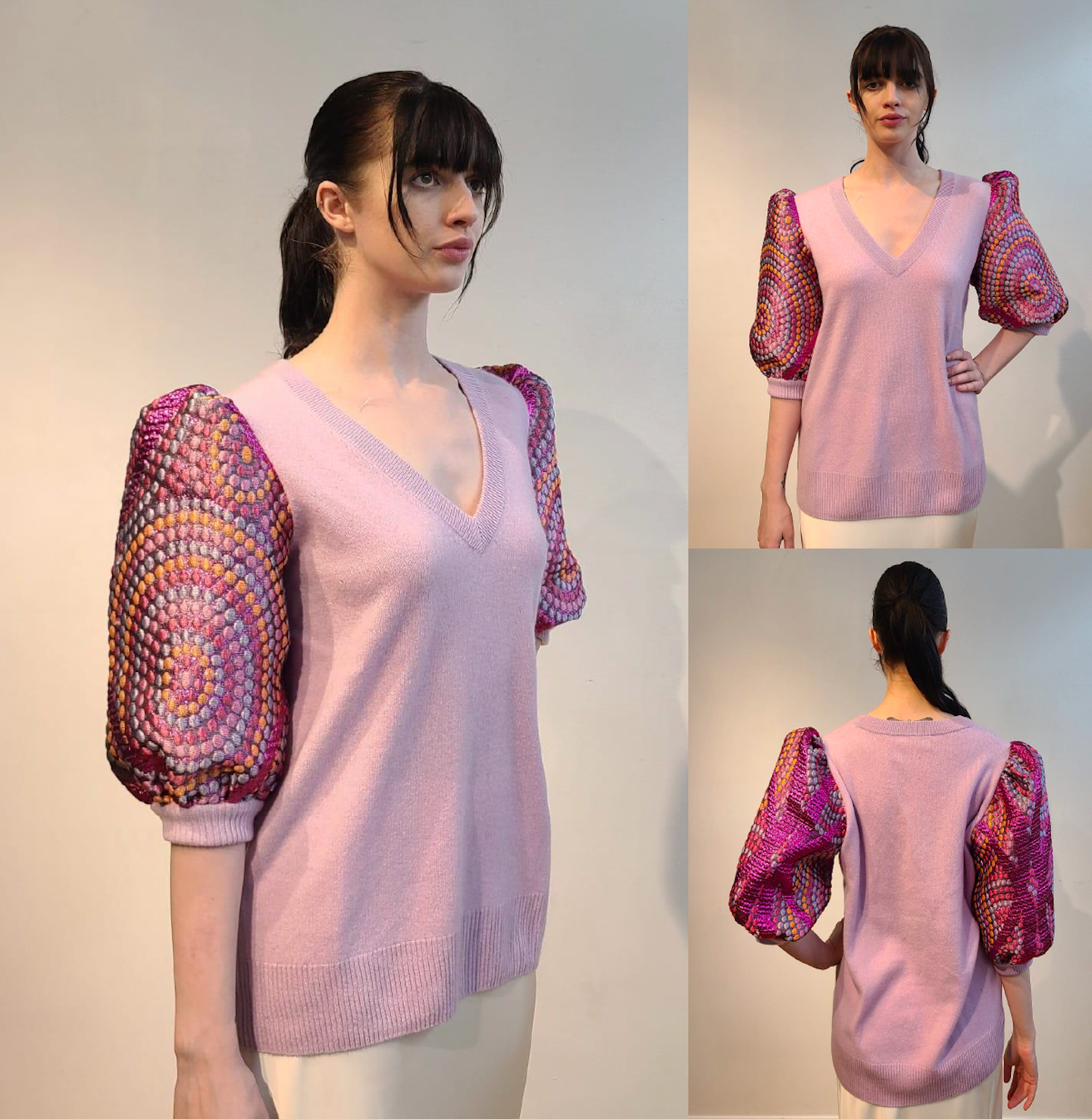 LAVENDER CASHMERE V NECK WITH ¾ PUFF SLEEVE EMBELLISHED METALLIC RASPBERRY & PASTEL PSYCHEDELIC PRINT & LINED WITH BABY BLUE TULLE(SIZE XL)