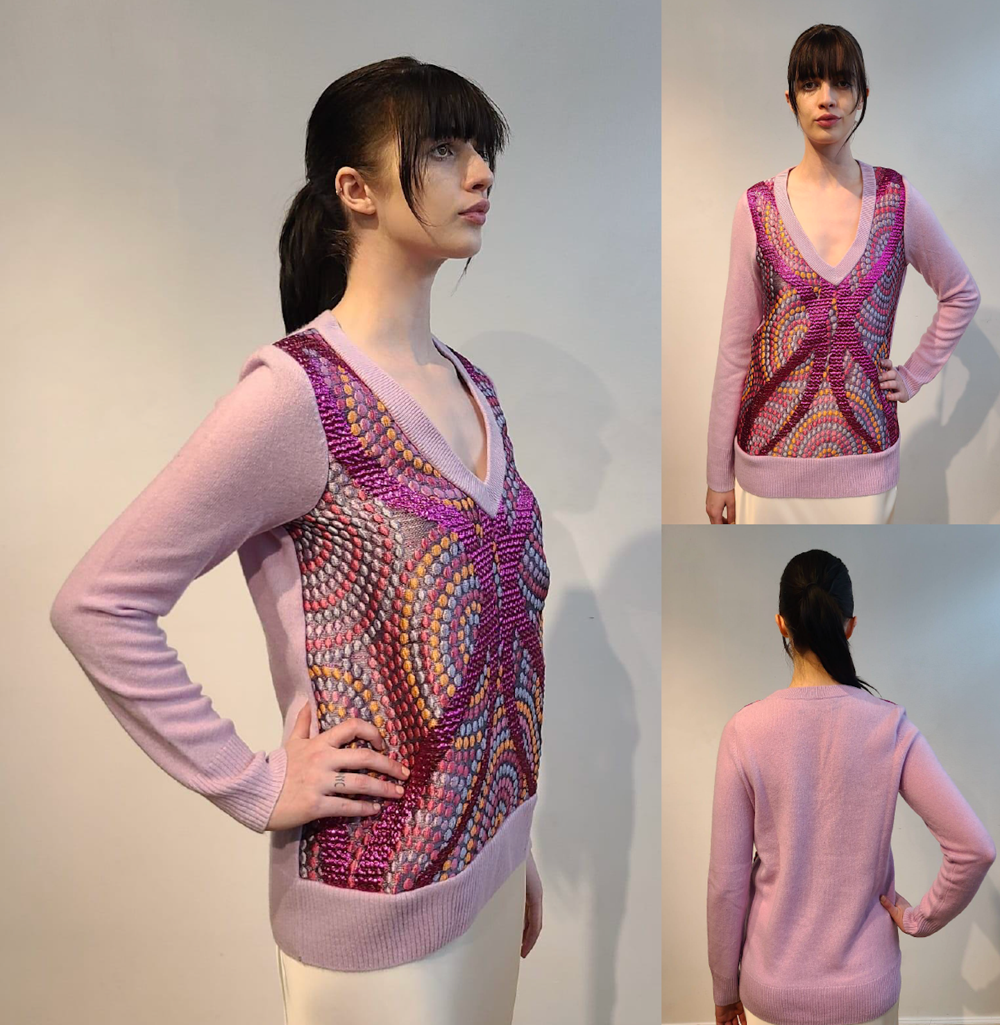 LAVENDER CASHMERE LONG SLEEVE V NECK WITH FRONT EMBELLISHED METALLIC RASPBERRY & PASTEL PSYCHEDELIC PRINT & LINED WITH BABY BLUE TULLE (SIZE M)