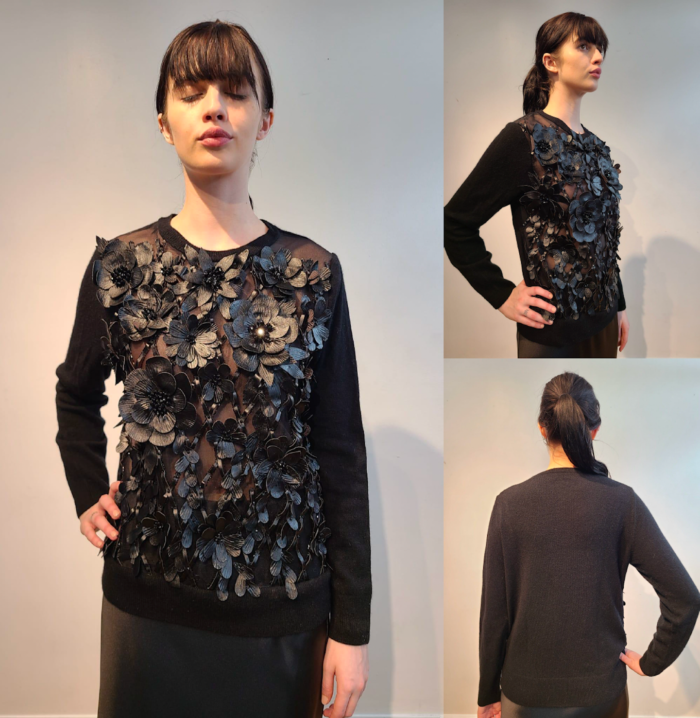 BLACK CASHMERE CREW NECK LONG SLEEVE WITH FRONT BLACK 3D VEGAN LEATHER FLOWERS WITH JET BEAD STERNUM ON BLACK SATIN PERGOLA ON BLACK TULLE (SIZE M)