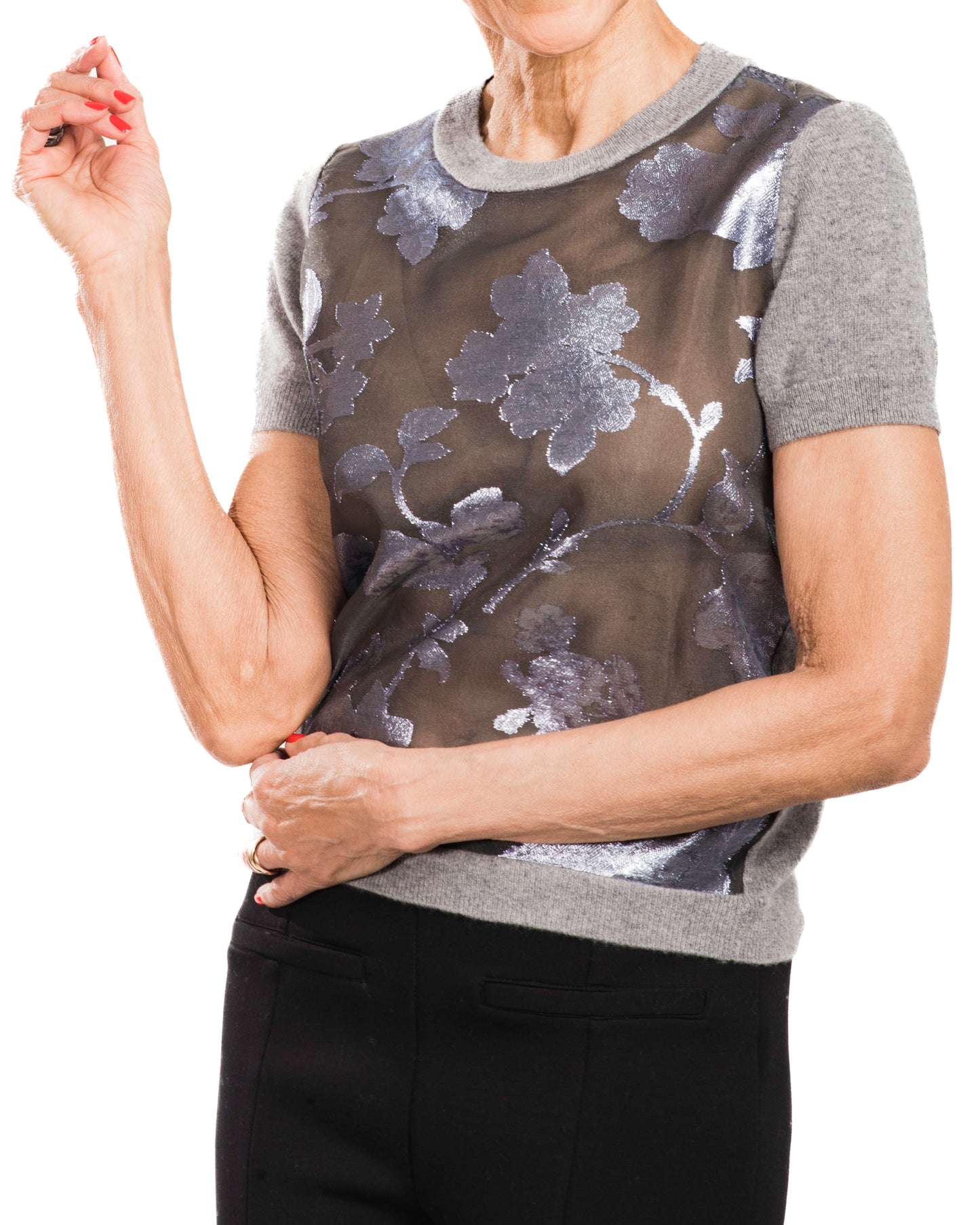 SMALL GREY CREW NECK SHORT SLEEVE CASHMERE SWEATER WITH SPRING LAVENDER PLATINUM JACQUARD FLORAL ON CLOUDY DAY SILK ORGANZA