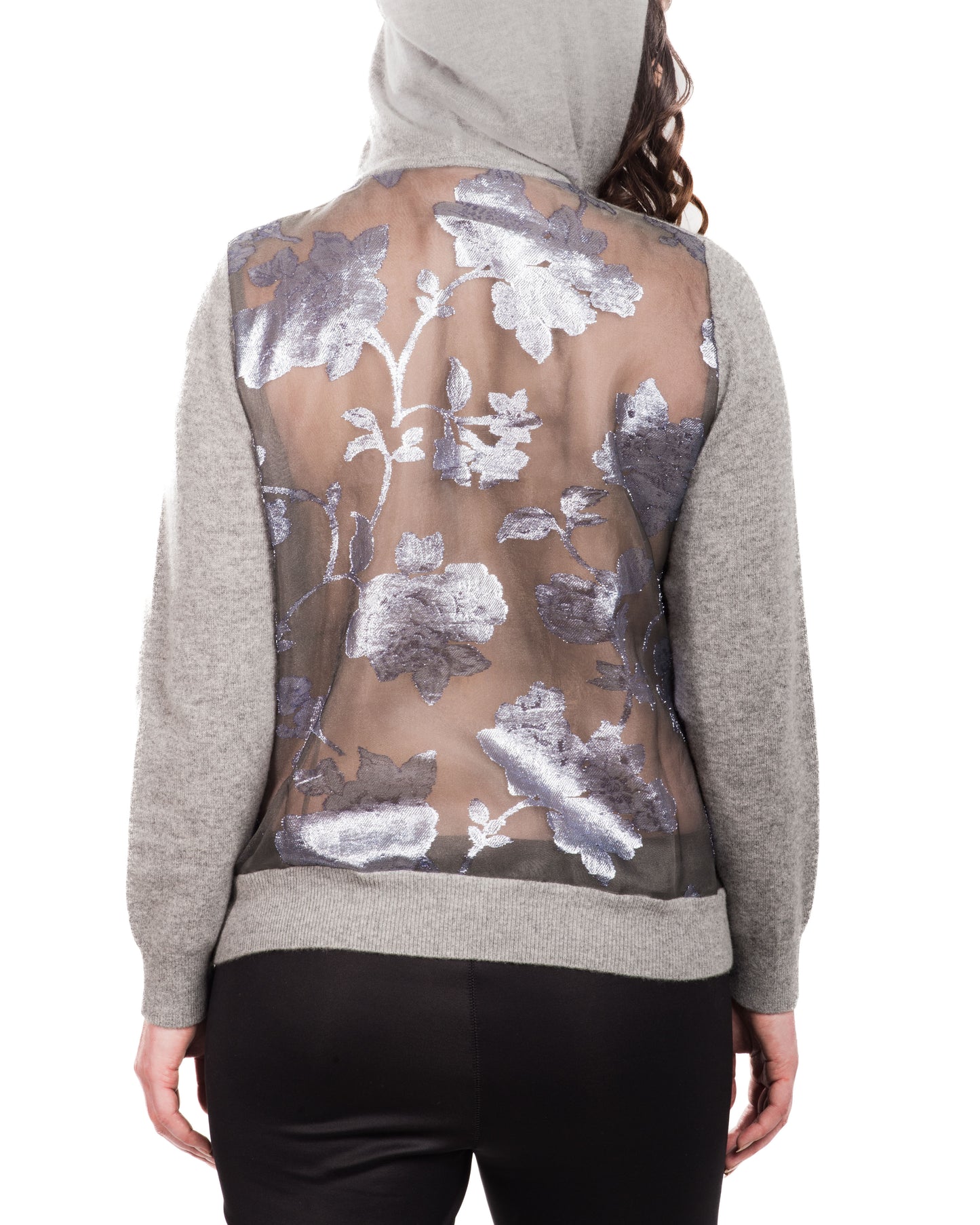 XL GREY LONG SLEEVE CASHMERE HOODIE WITH SPRING LAVENDER PLATINUM JACQUARD FLORAL ON CLOUDY DAY SILK ORGANZA BACK WITH GREY DAY SILK ORGANZA LINING