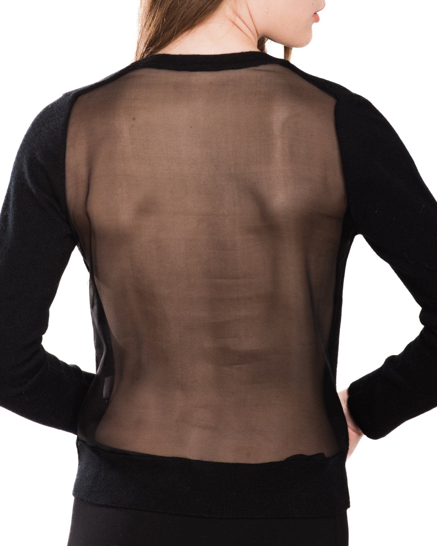 MEDIUM BLACK LONG SLEEVE V-NECK CASHMERE SWEATER WITH SILK RASPBERRY FLORAL FRONT APLIQUE & BLACK SILK ORGANZA BACK