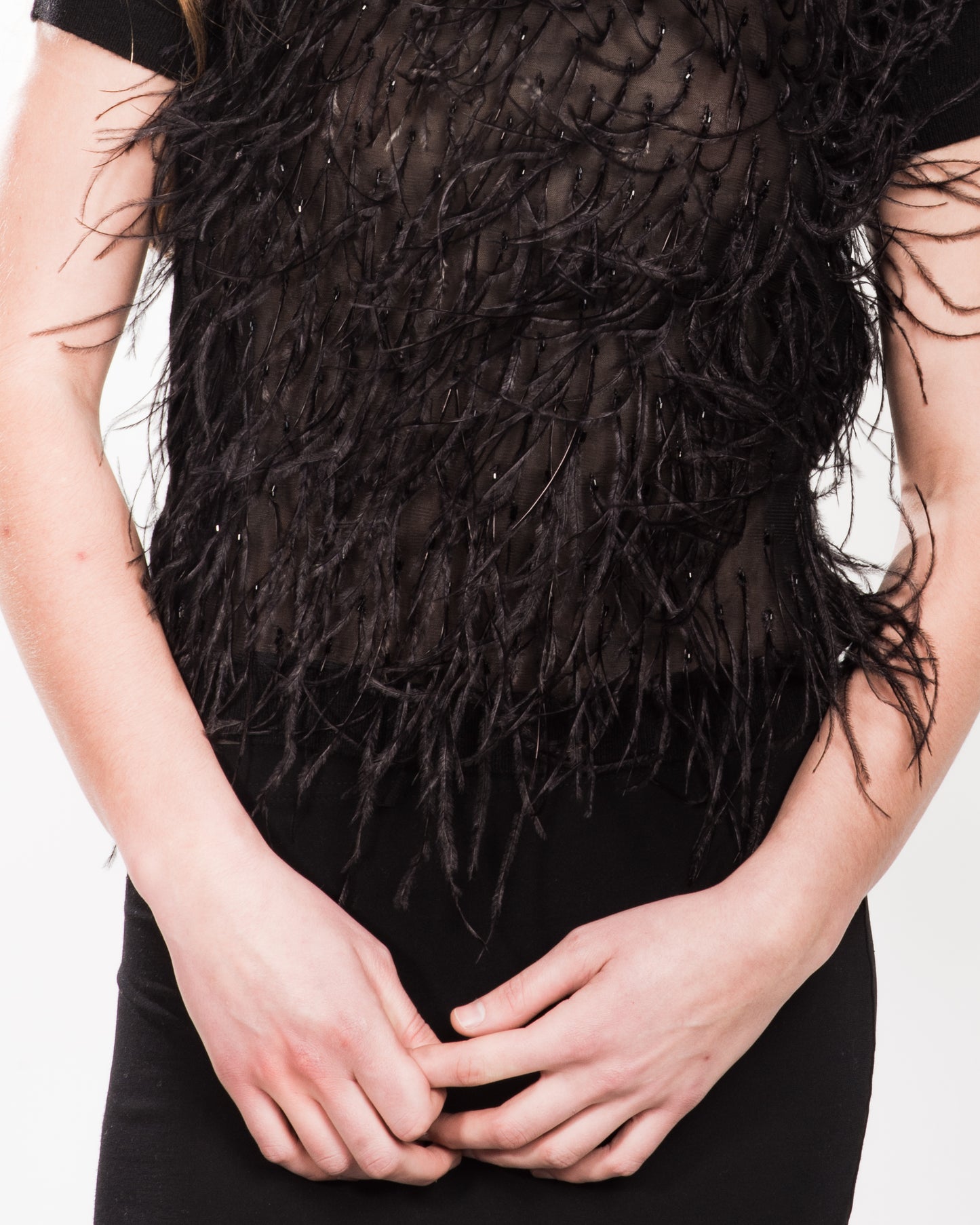 MEDIUM BLACK CREW NECK SHORT SLEEVE CASHMERE SWEATER W BLACK ORGANZA FRONT WITH 3D FLOWER, CRYSTAL & JET BEADING PEEKABOO WITH BLACK FEATHER/BEADING