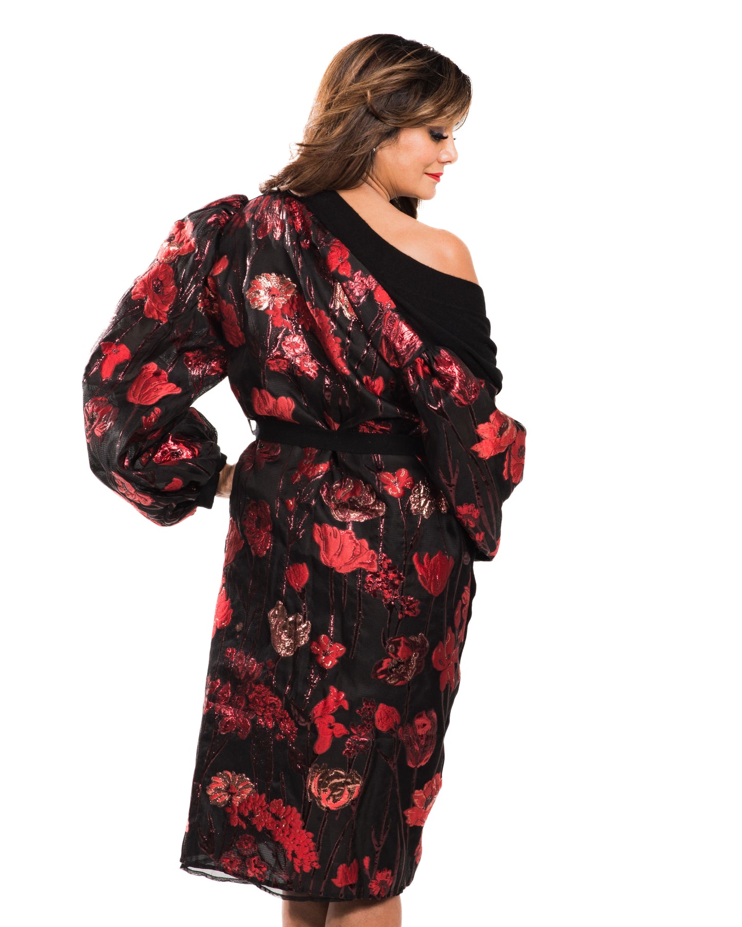 MEDIUM BLACK LONG SLEEVE CASHMERE ROBE WITH BACK AND SLEEVES OF RED METALLIC FLOWERS ON BLACK ORGANZA