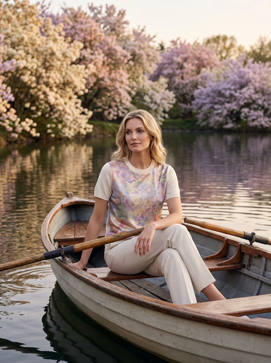 S LIGHT YELLOW 100% CASHMERE T SHIRT WITH SHORT SLEEVES AND FRONT PANEL INSERT OF (GOLD METALLIC SIDE OF FABRIC) MONET METALLIC AND PASTEL FLORAL GARDEN BROCADE WITH GOLDEN FOG AND LIGHT PINK.CHIFFON LINING