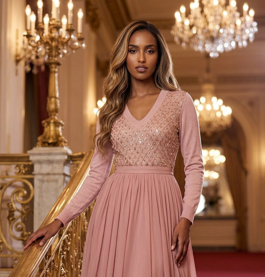 S PINK LIGHTWEIGHT COTTON CASHMERE VNECK WITH LONG SLEEVES AND FRONT INSERT OF DIAMOND EMBELLISHMENT OF PEARLS, SEQUINS AND BEADS ON PINK TULLE AND LINED WITH PINK TULLE