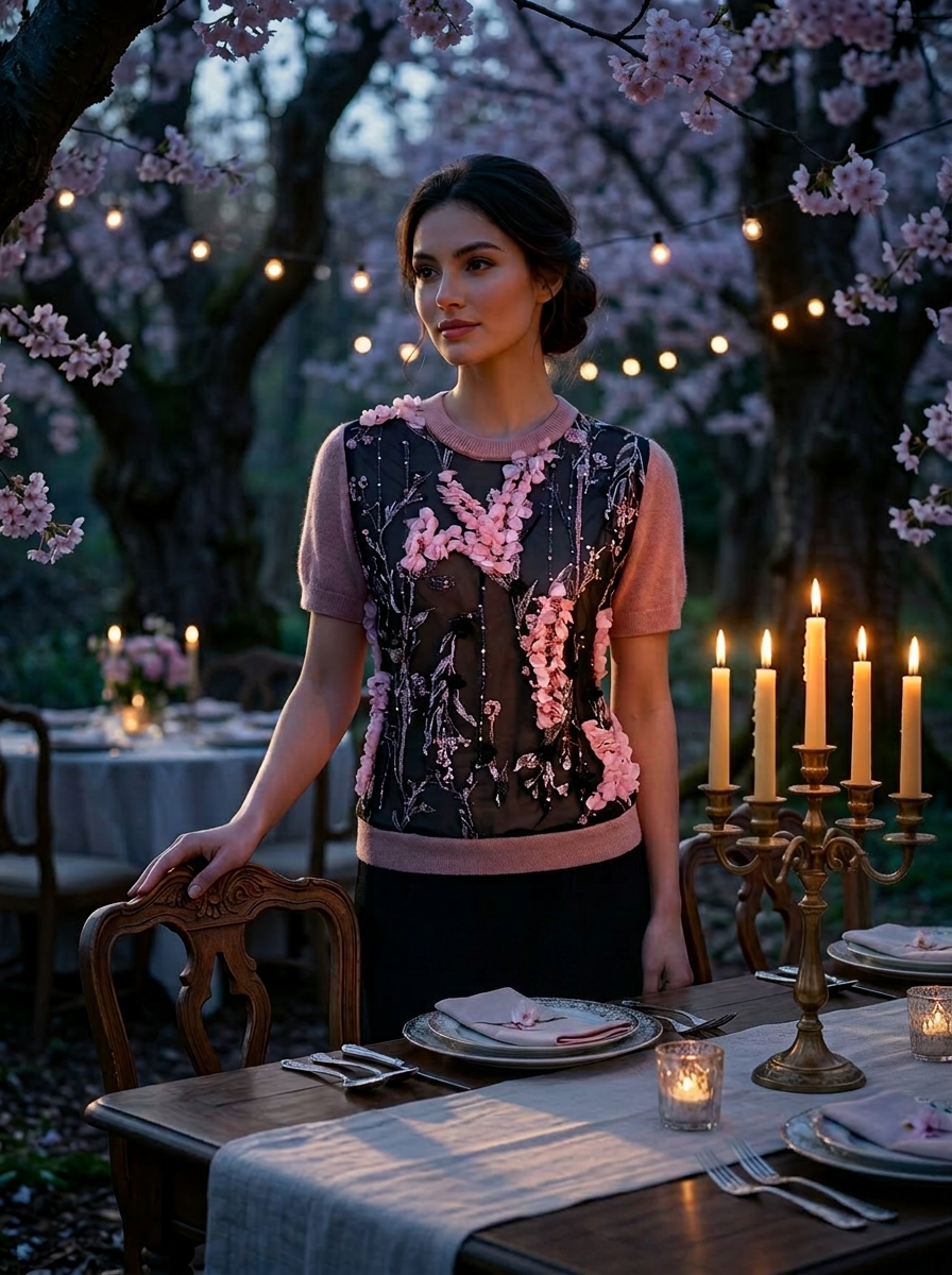 S VINTAGE PINK CASHMERE TEE WITH FRONT PANEL INSERT OF PRETTY PINK CHERRY BLOSSOMS, BLOOMING IN BLACK TULLE SKY LINED WITH BLACK CHIFFON