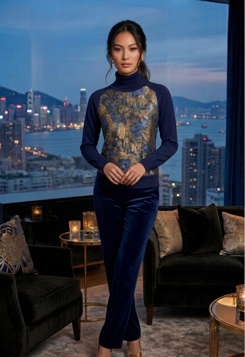 S BLACK CASHMERE TURTLENECK WITH GOLDEN BLUES FRONT PANEL WITH SILK LINING