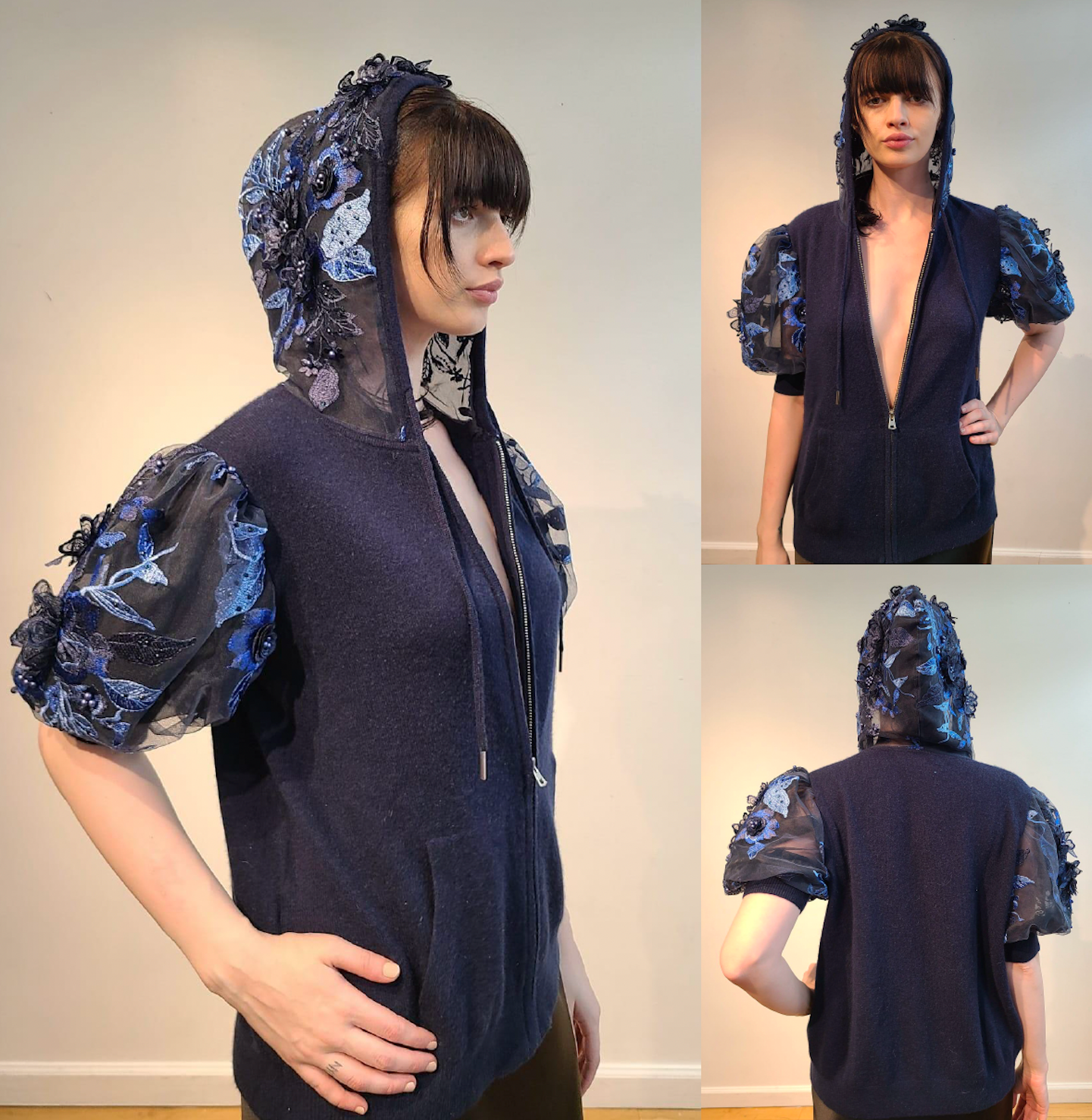 NAVY CASHMERE HOODIE WITH ¾ PUFF SLEEVE & HOOD EMBELLISHED NAVY & CARDINAL BLUE 3D FLOWERS & BEADING ON NAVY ORGANZA (SIZE L)