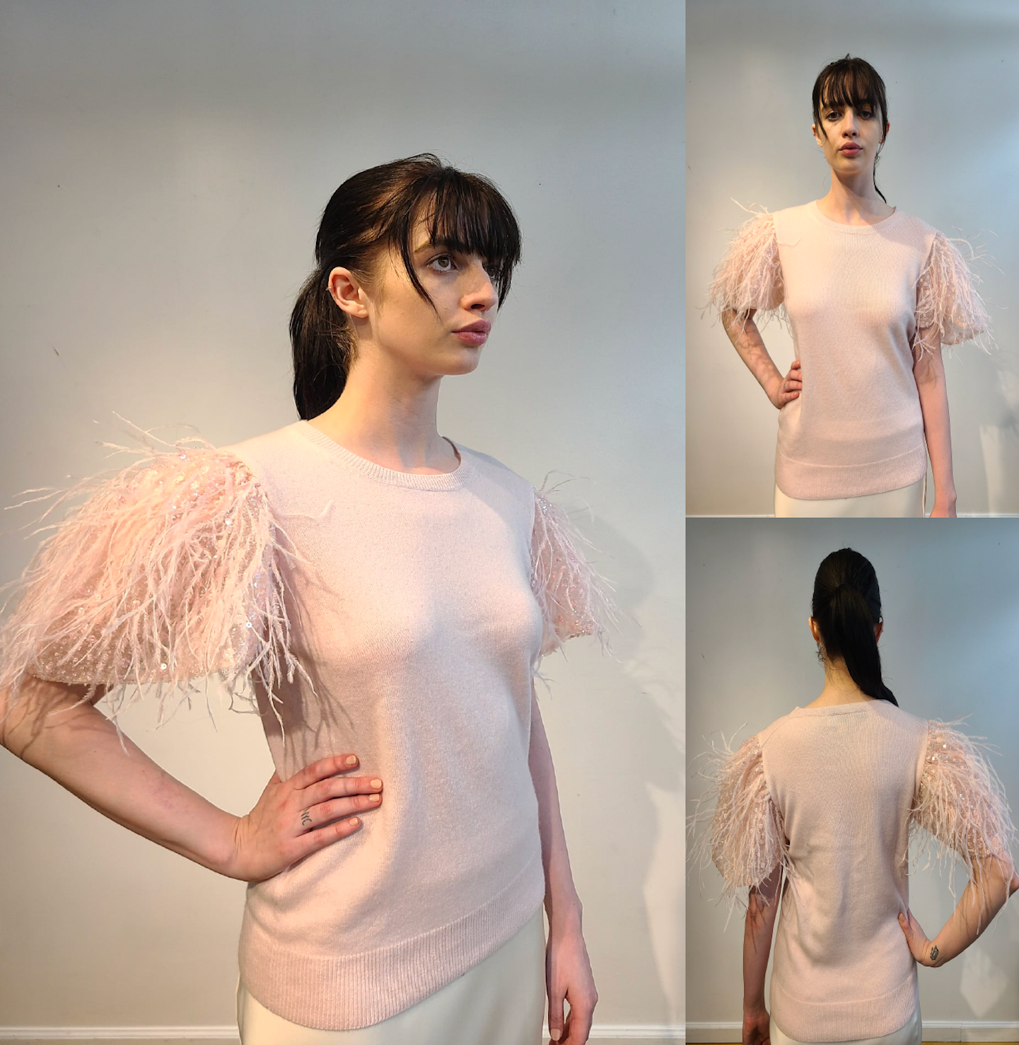 PINK CASHMERE CREW NECK LONG SLEEVE WITH FRONT EMBELLISHED PINK OPALESCENT SEQUINS & FEATHERS FLYING ON PINK TULLE (SIZE L)
