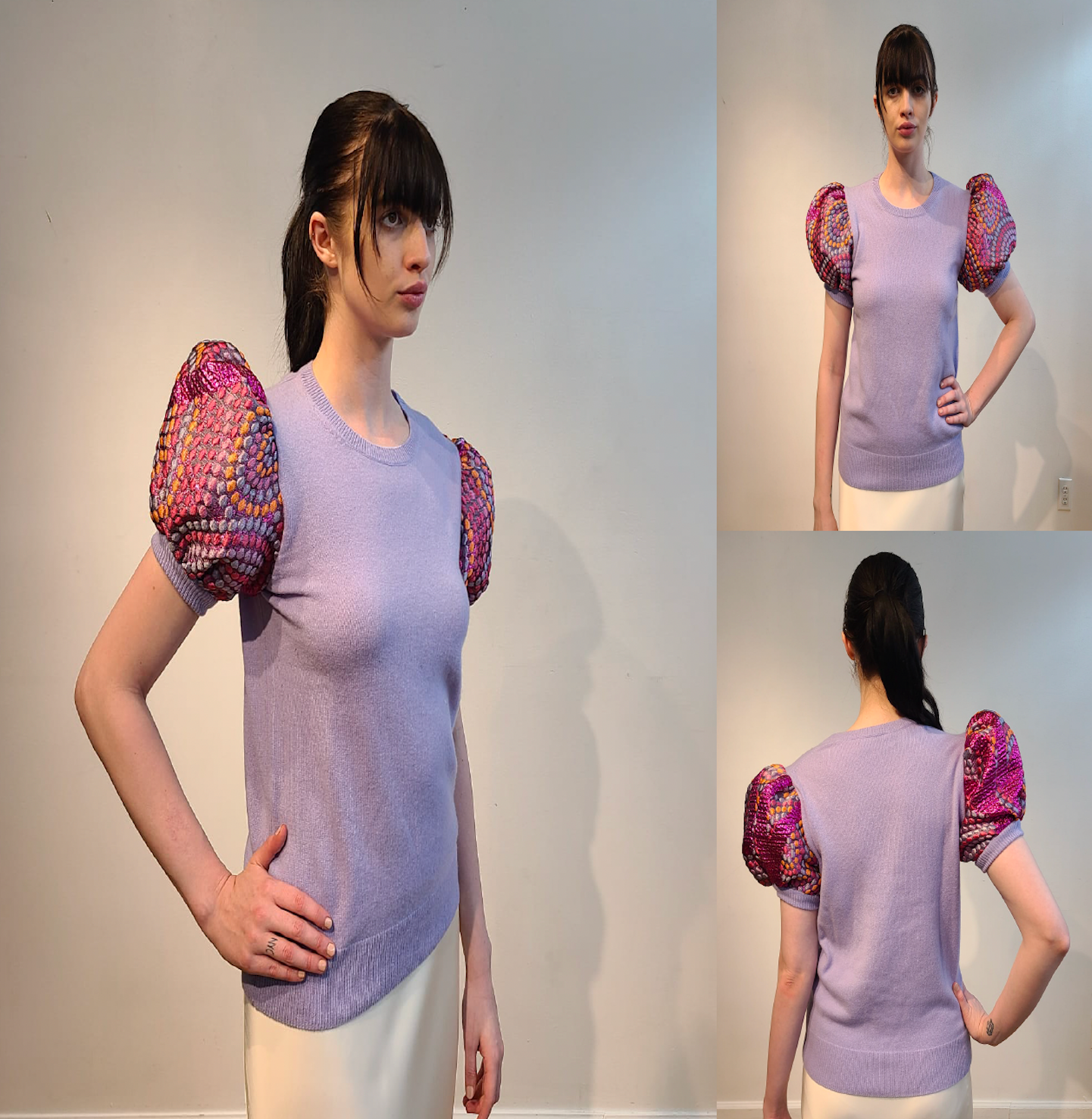 LAVENDER CASHMERE CREW NECK WITH SHORT VOLUMINOUS PUFF SLEEVE EMBELLISHED WITH PINK/CORAL/YELLOW AND LAVENDER FLOWERS ON BABY BLUE TULLE