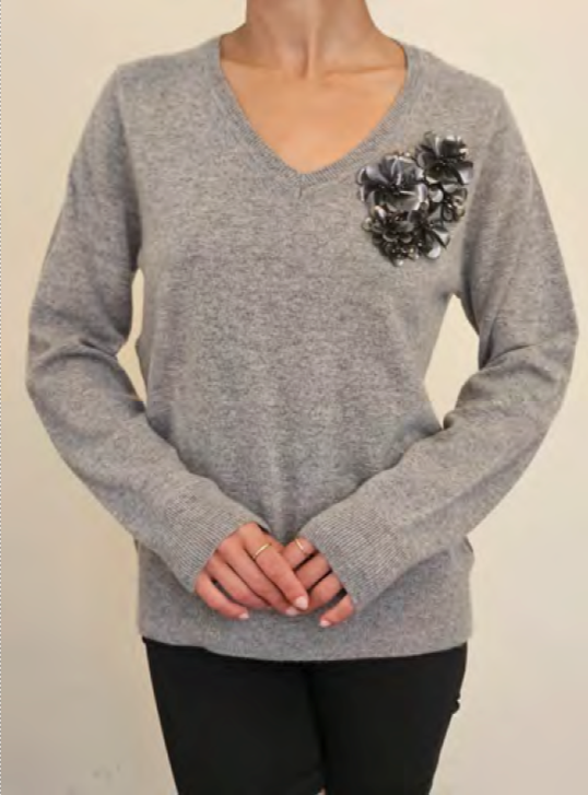 LARGE BLACK LONG SLEEVE V-NECK CASHMERE SWEATER WITH 3 3D BAKELITE FLORAL & FEATHER APLQUE WITH BLACK SILK ORGANZA BACK
