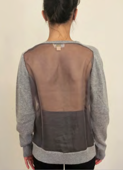 LARGE BLACK LONG SLEEVE V-NECK CASHMERE SWEATER WITH 3 3D BAKELITE FLORAL & FEATHER APLQUE WITH BLACK SILK ORGANZA BACK