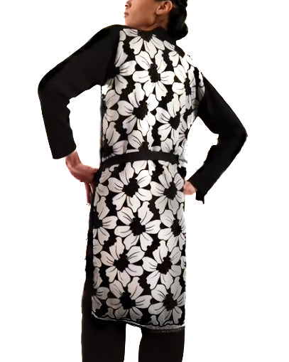 M/L BLACK CASHMERE LONG SLEEVE ROBE WITH CASHMERE BELT WITH WHITE SILK ORGANZA FLOWERS WITH BLACK OVERSTITCHED TRIM AND PETITE FLORAL CUTOUTS ON BACK